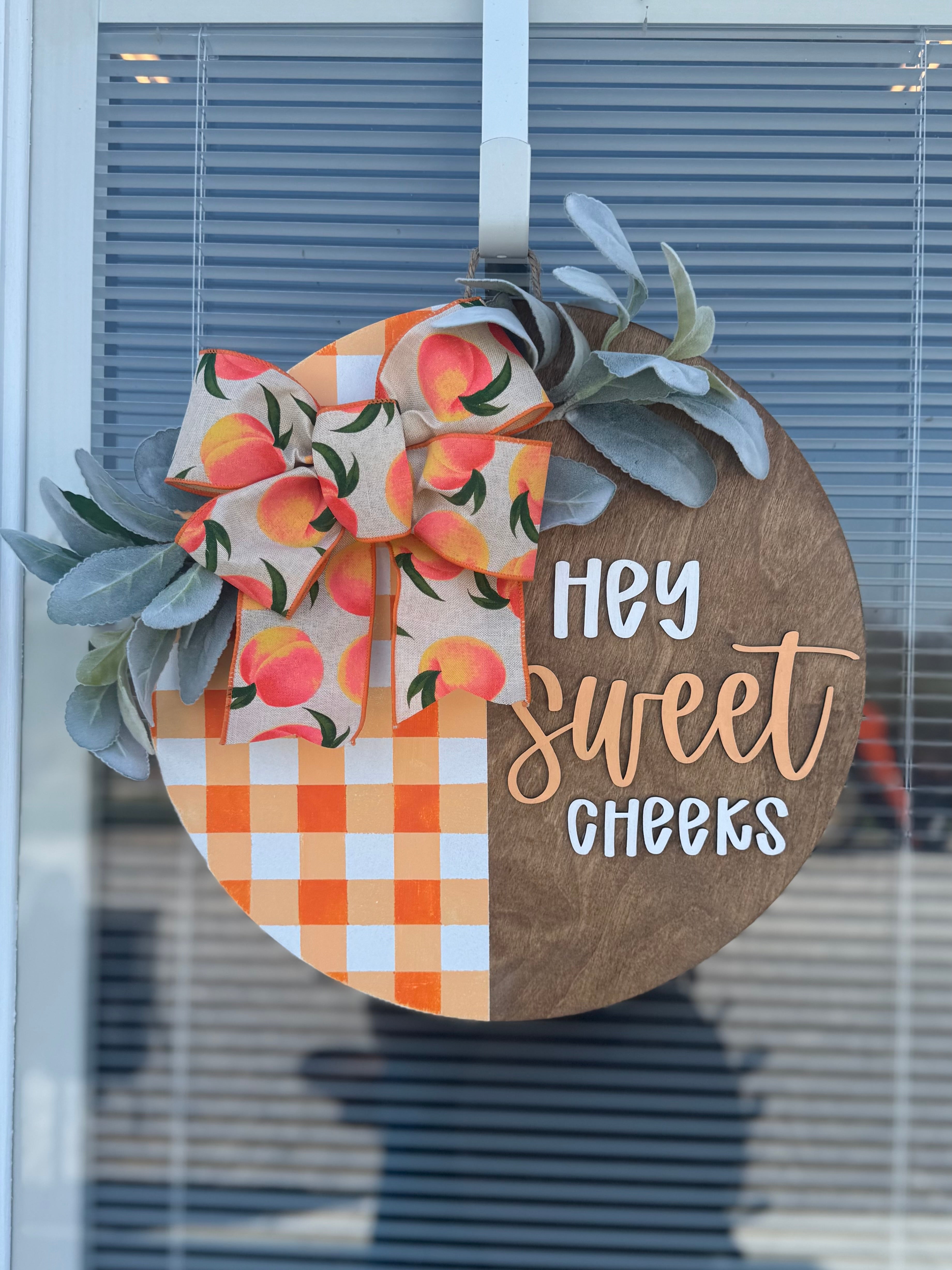 PREORDER Hey Sweet Cheeks Orange Gingham Door Hanger Sign