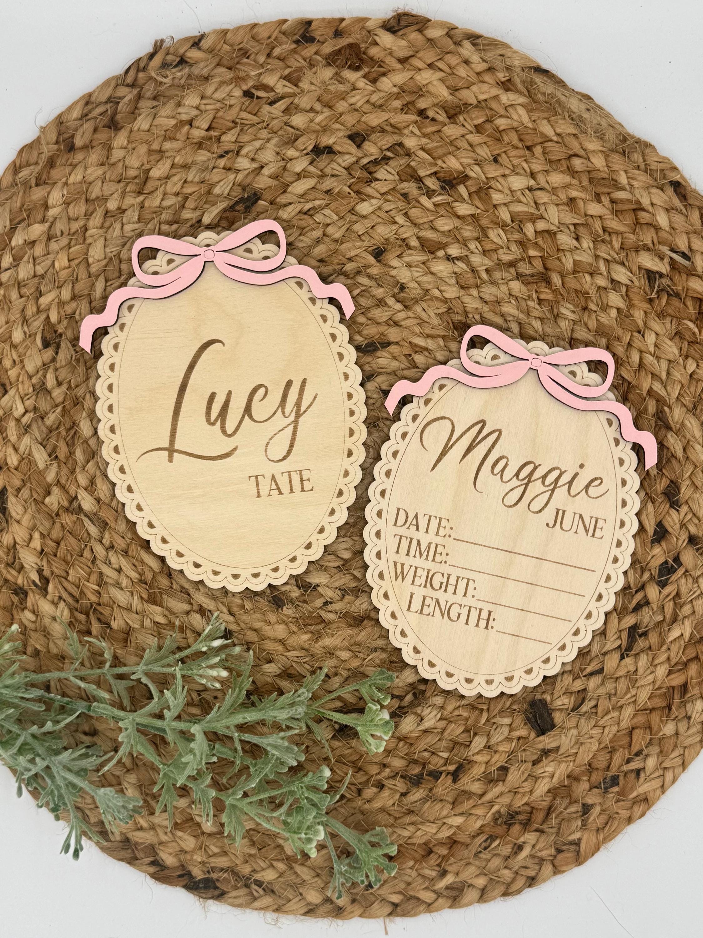 Vintage Bow Baby Name Announcement Sign | Baby Shower | Footprint | Sibling | New Baby | Sprinkle Gift | Wood Engraved | Photo Prop | Birth