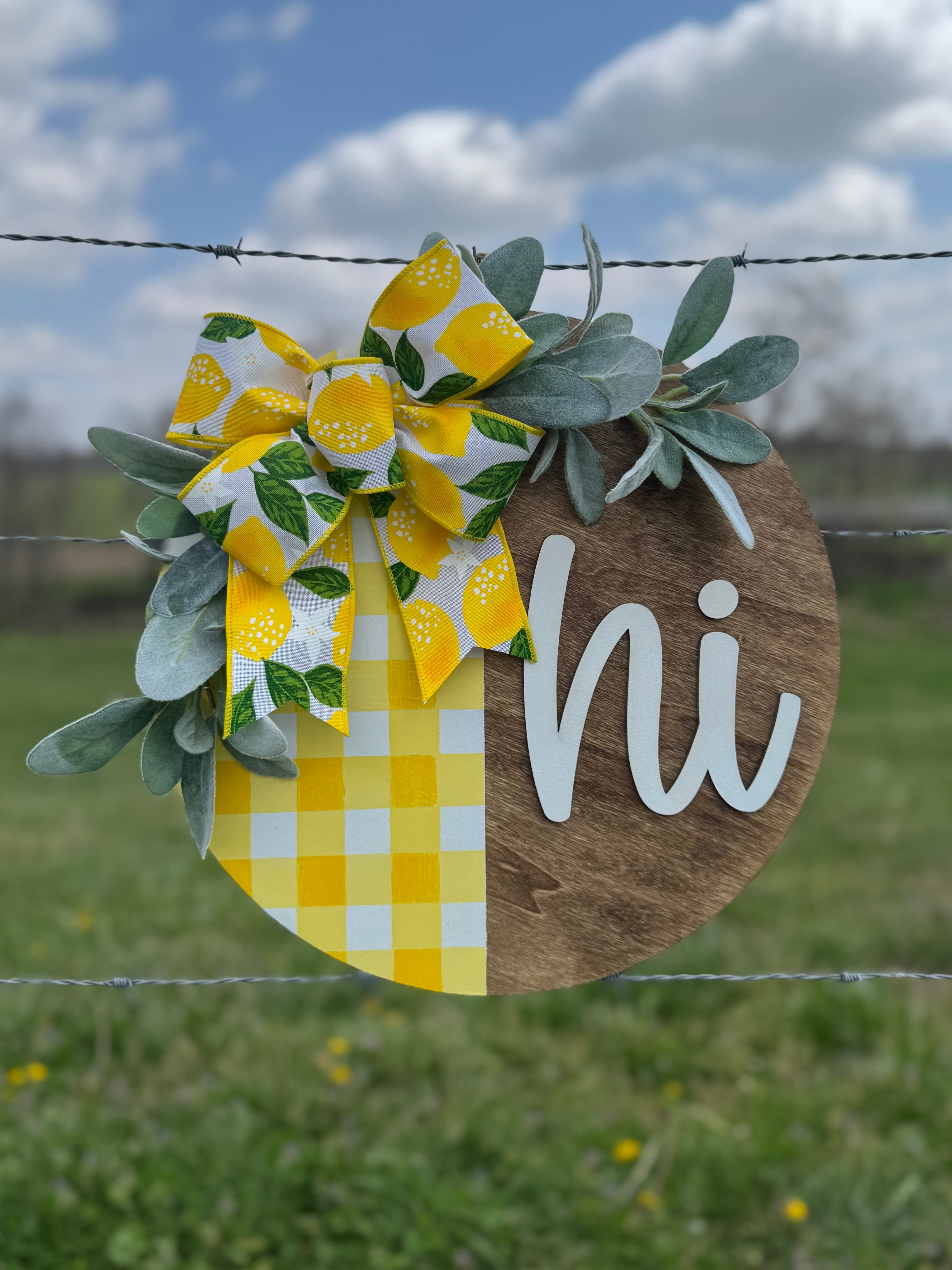 PREORDER Hi Lemon Yellow Gingham Door Hanger Sign