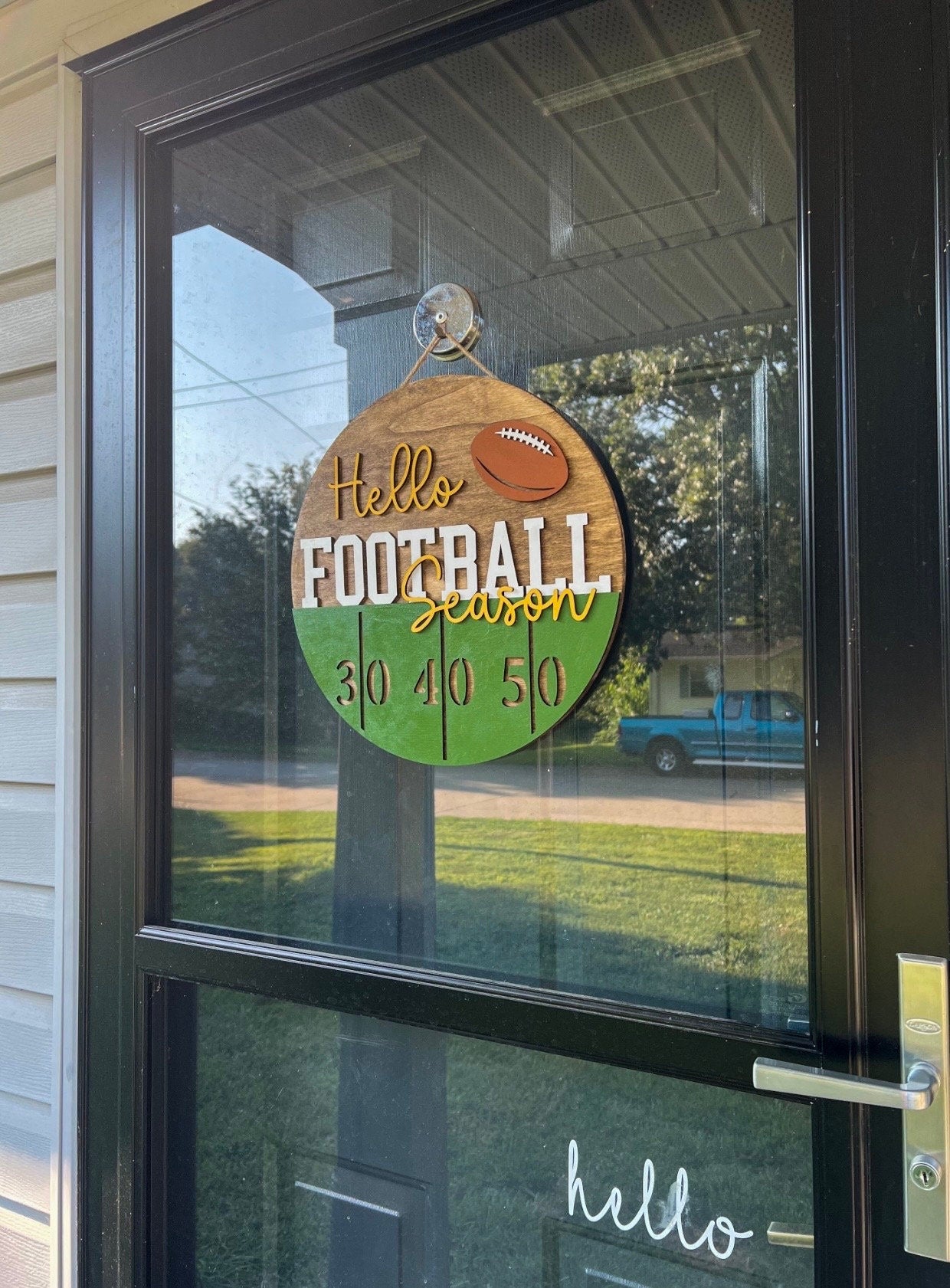 Hello Football Season Door Hanger | Wood Wreath | Field | Ball | Team | Game Day | Sign | Round | New Home Gift | Fan Gift | Football Sunday
