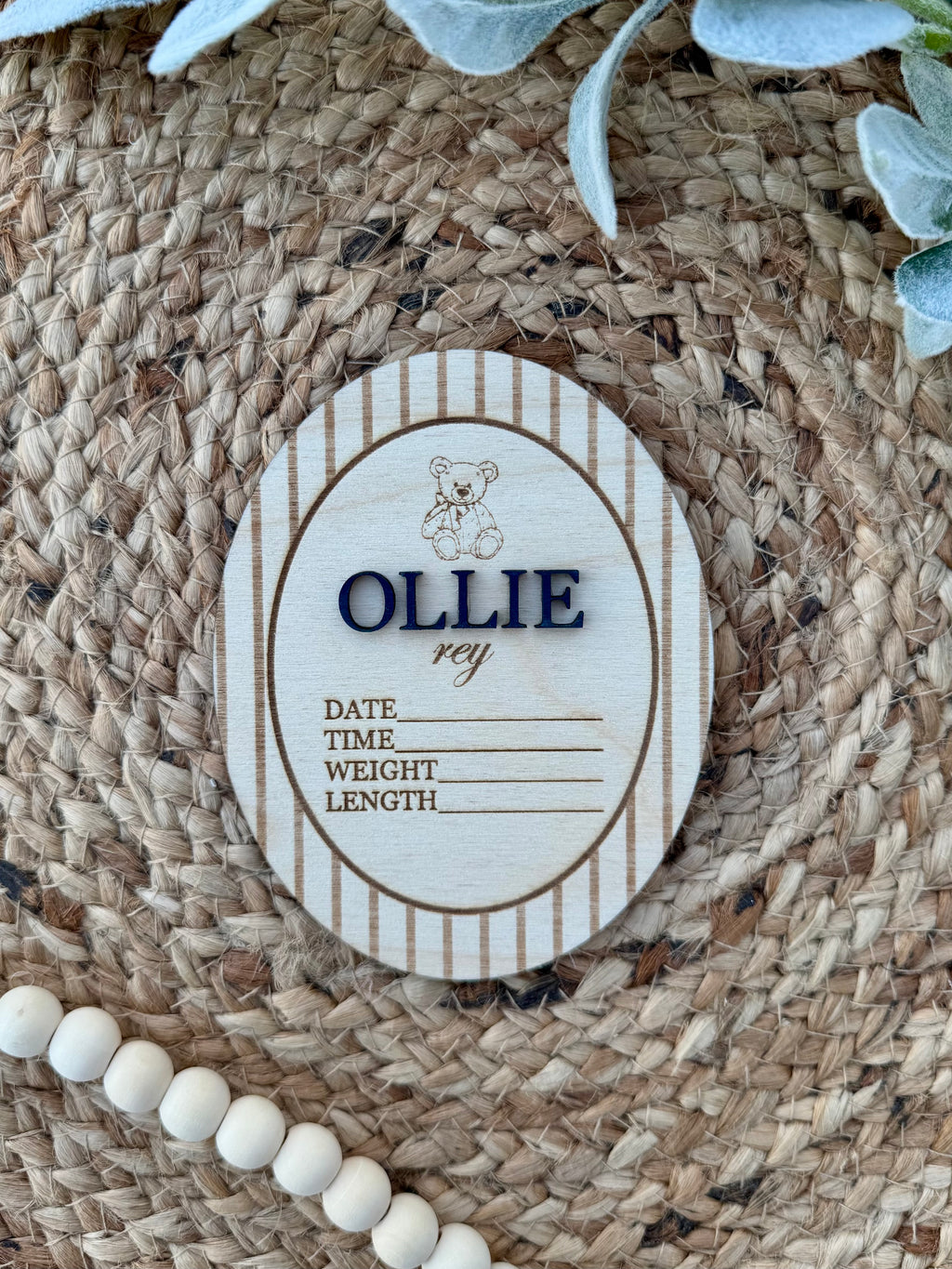 Bear Striped Baby Name Announcement Plaque