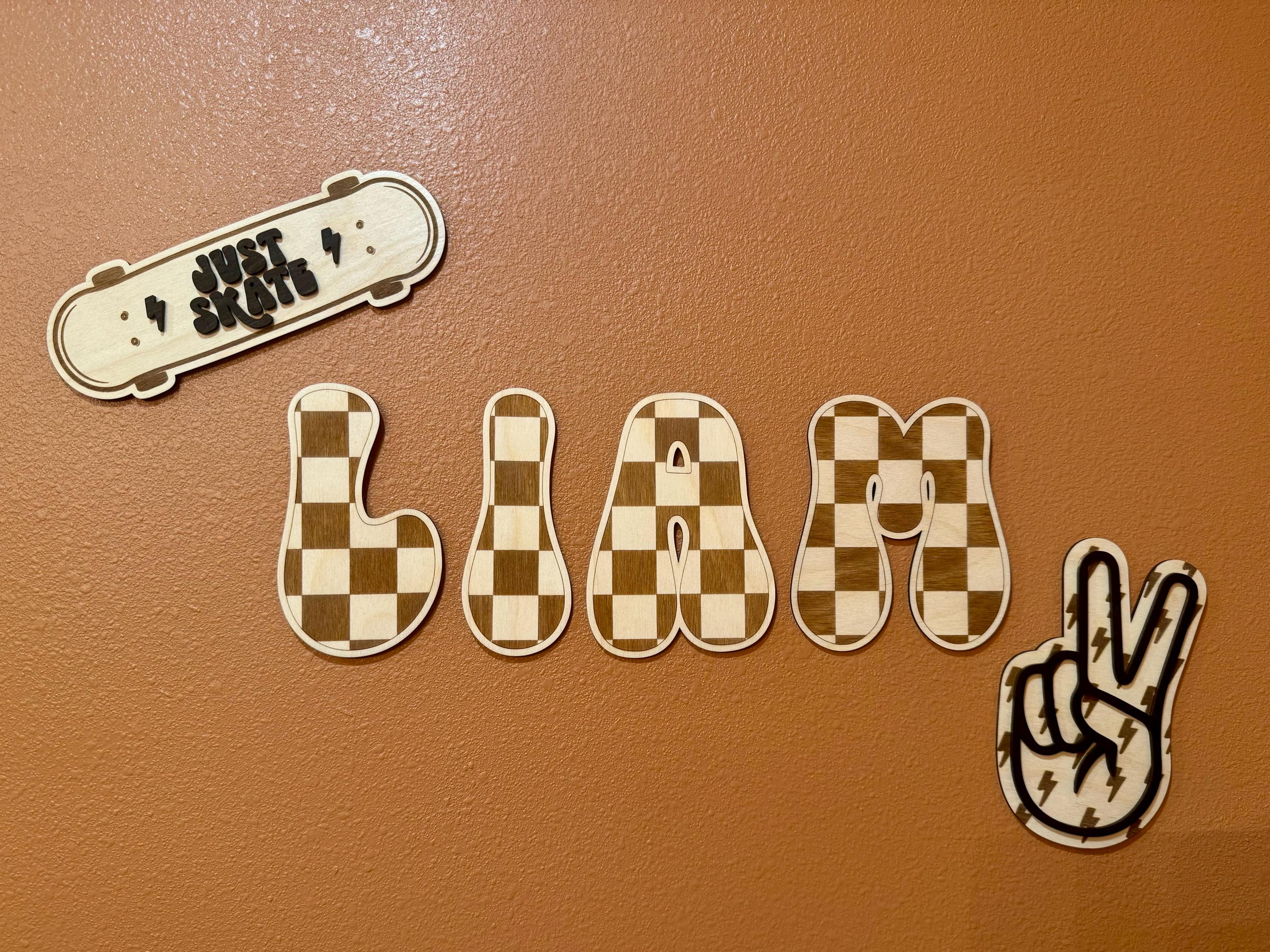 Checkered Wood Letters | Rad Little Dude Decor | Groovy Room Signs | Toddler Decorations | Big Kid Room | Trendy Kids | Peace | Lightning