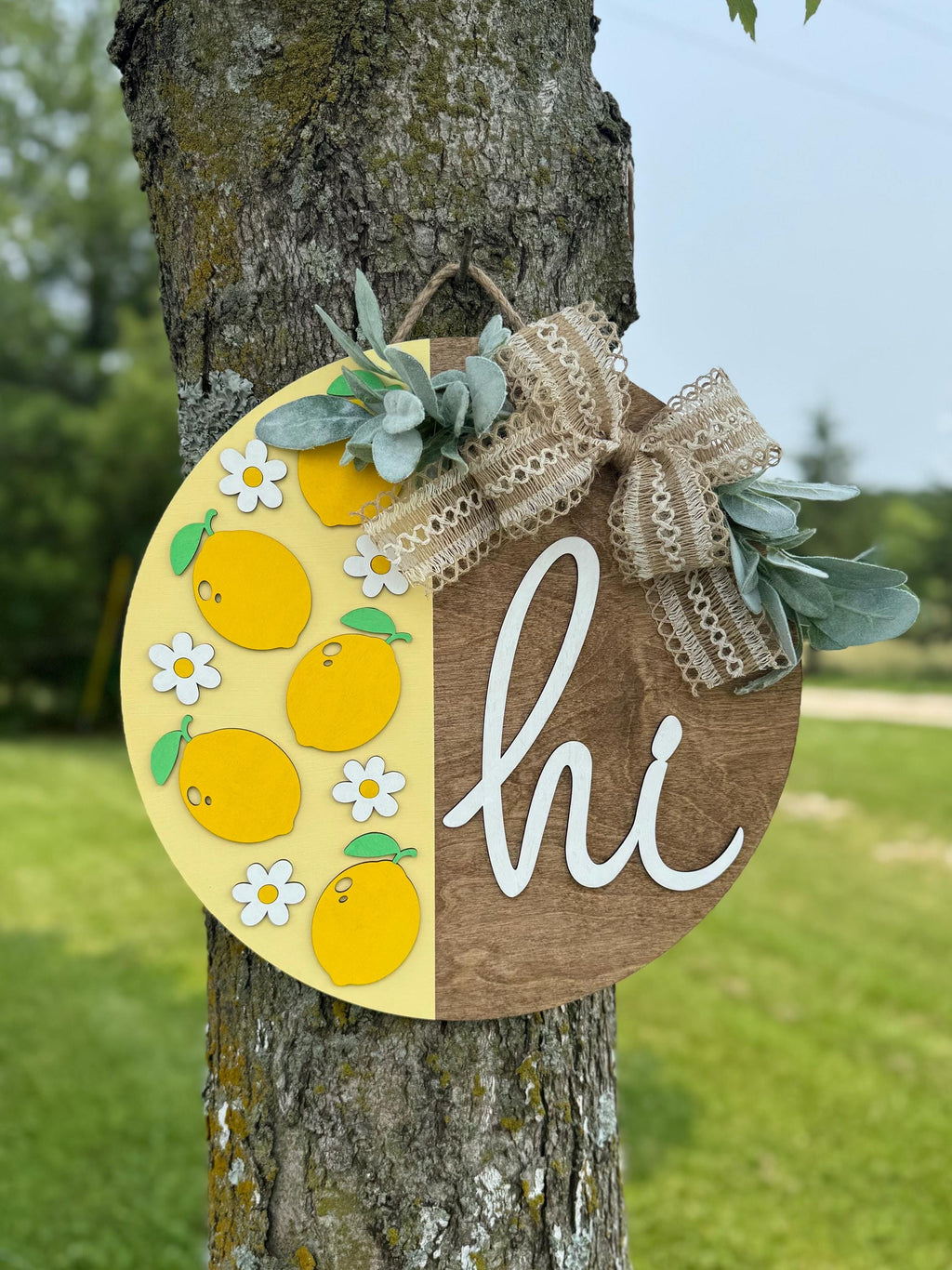 Hi Lemons Door Hanger | Lemonade | Welcome Sign | Wreath | Summer Decoration | Hello | Round | Cute Decor | Flowers | Big Bow | Yellow