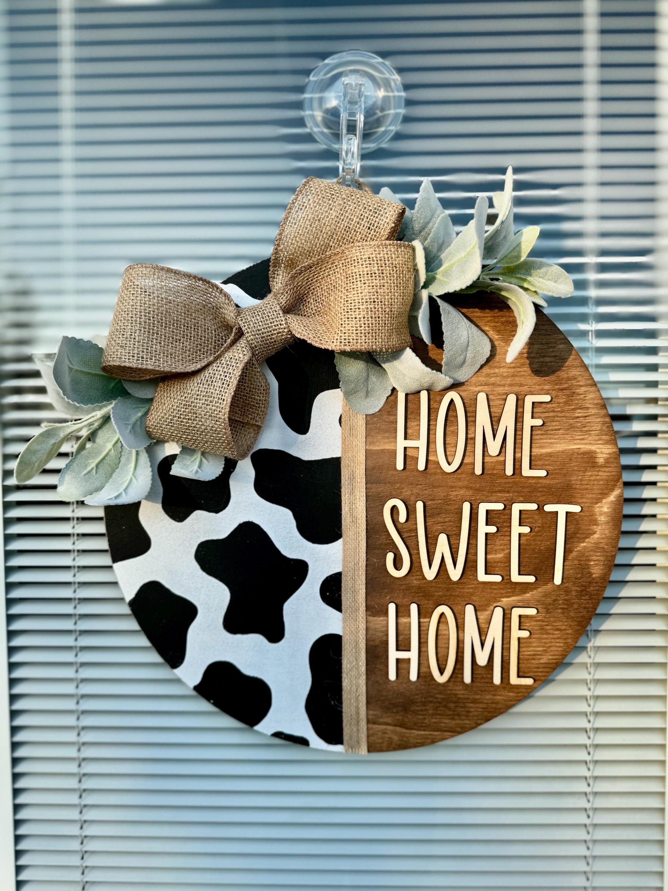 Home Sweet Home Cow Print Door Hanger | Farmhouse Sign | Welcome Decoration | Porch Sign | Burlap Ribbon | Greenery | New Home Gift |Wedding