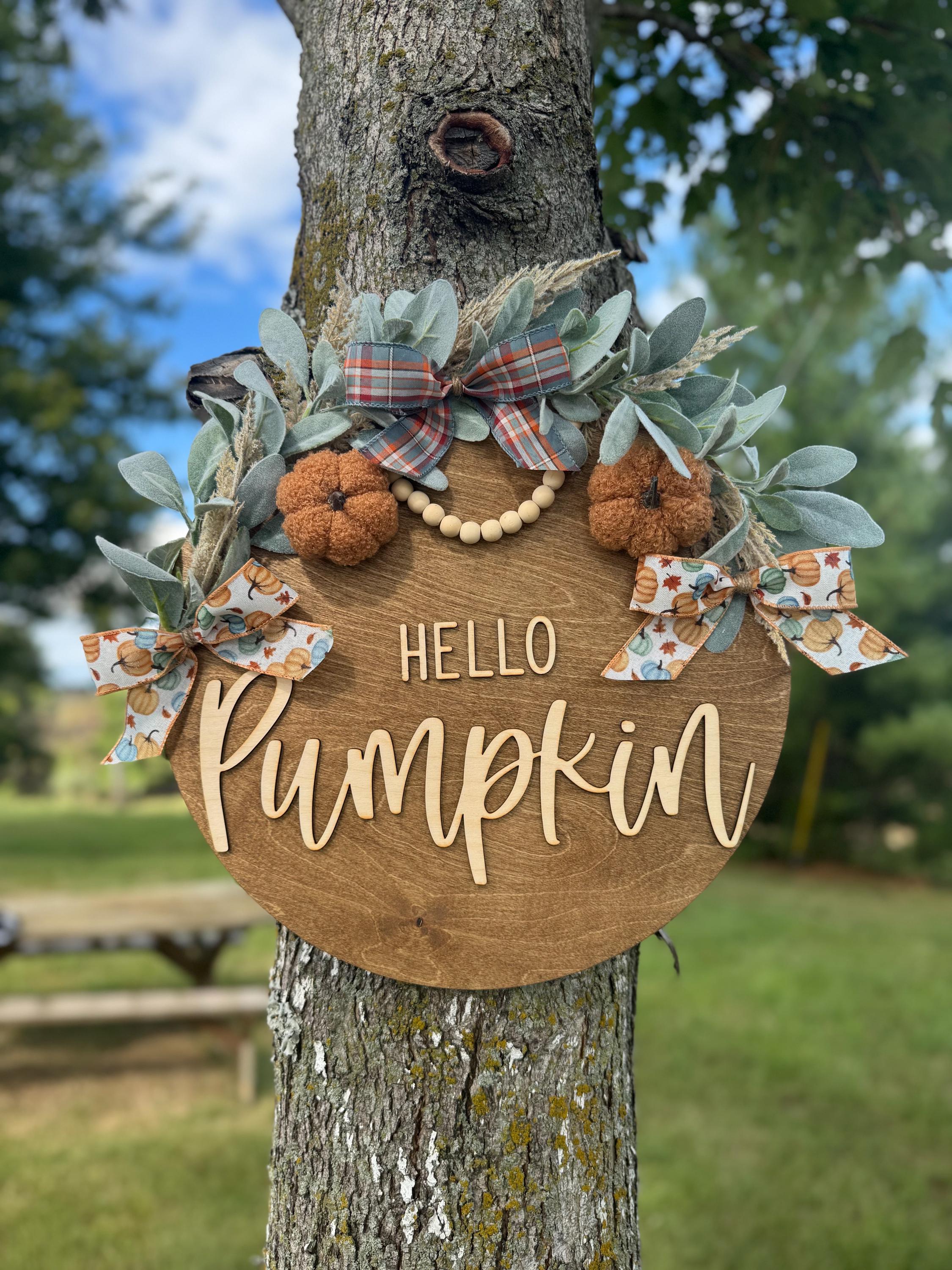 Hello Pumpkin Door Hanger | Fall Front Door Sign | Autumn Porch Decor | Rustic Wooden Wreath Alternative | Farmhouse Fall Decoration