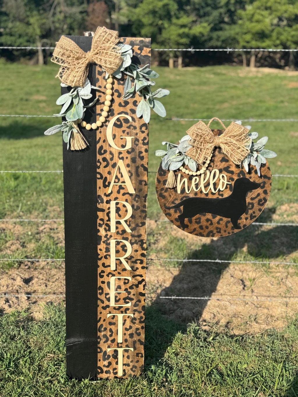 Cheetah Print Dachshund Porch Set | Decor | Welcome | Door Hanger | Porch Leaner | House Decorations | Custom Sign | Last Name | Weiner Dog