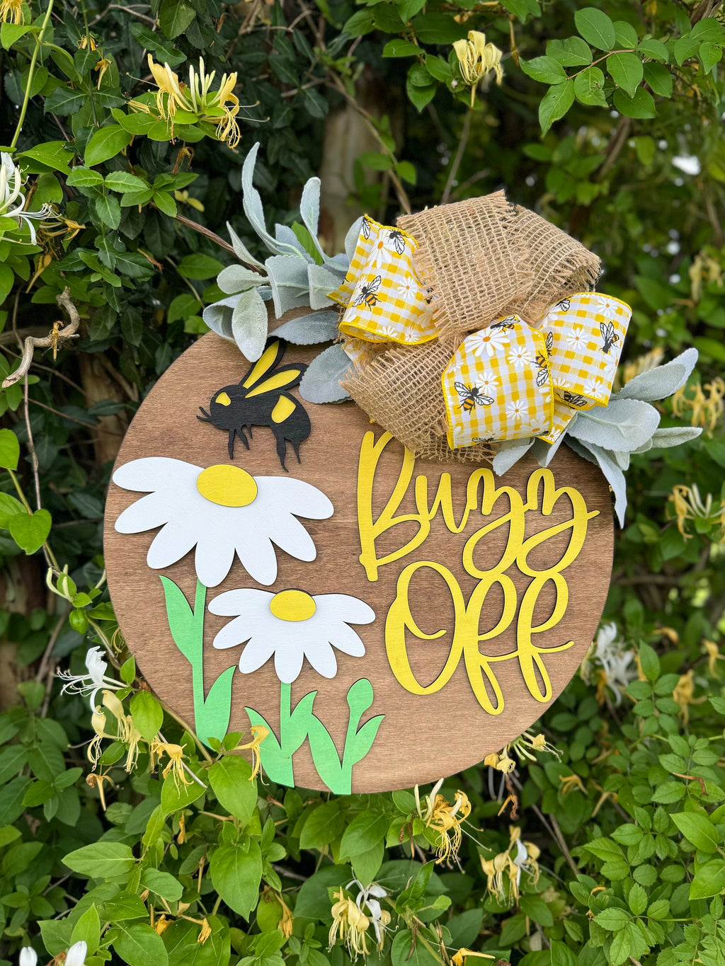Buzz Off Door Hanger | Bees | Welcome Sign | Wreath | Summer Decoration | Go Away | Funny Decor | Bumble | Beehive | Flowers | Daisy