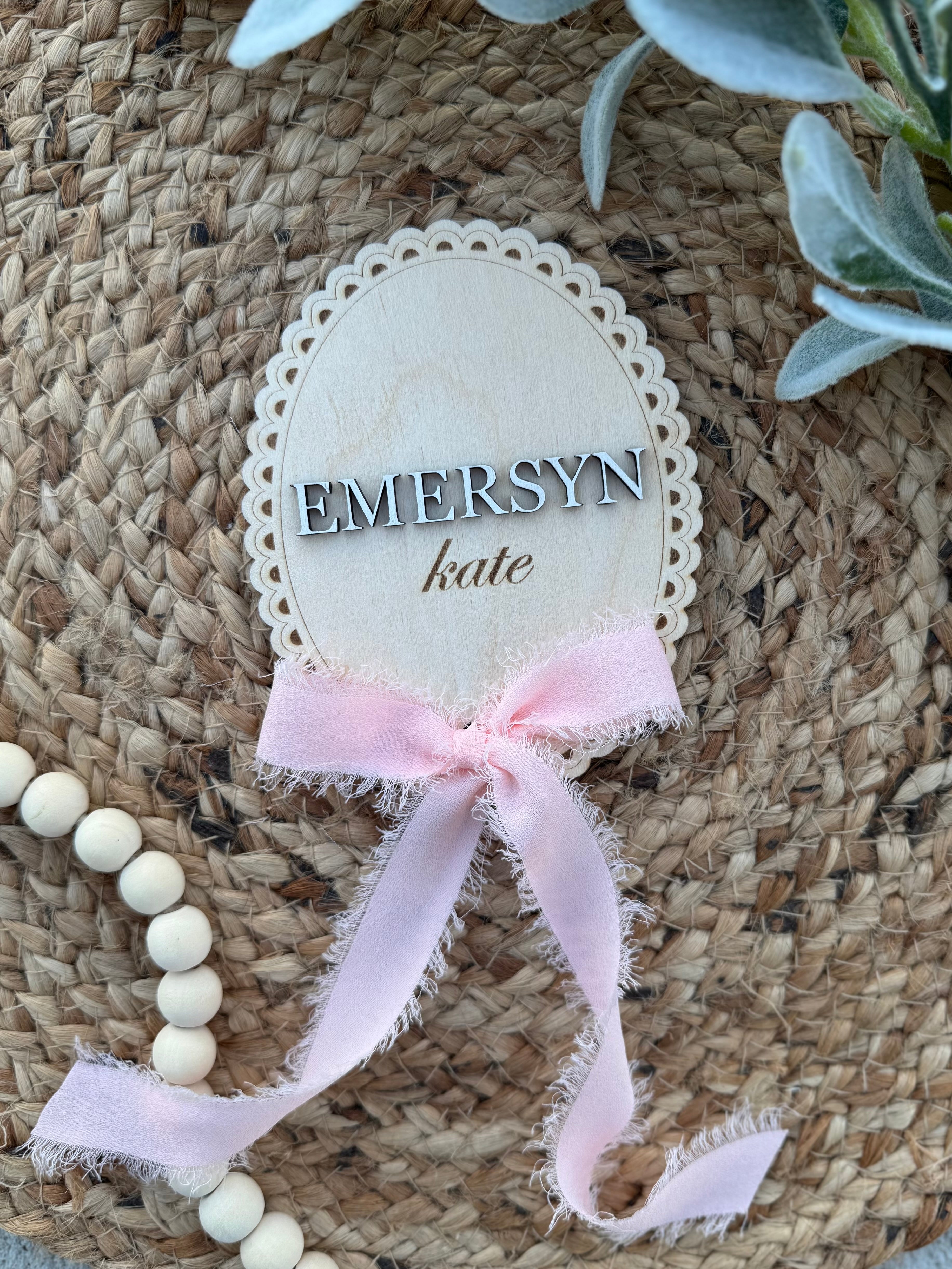 Scalloped Vintage Ribbon Bow Baby Name Announcement Plaque