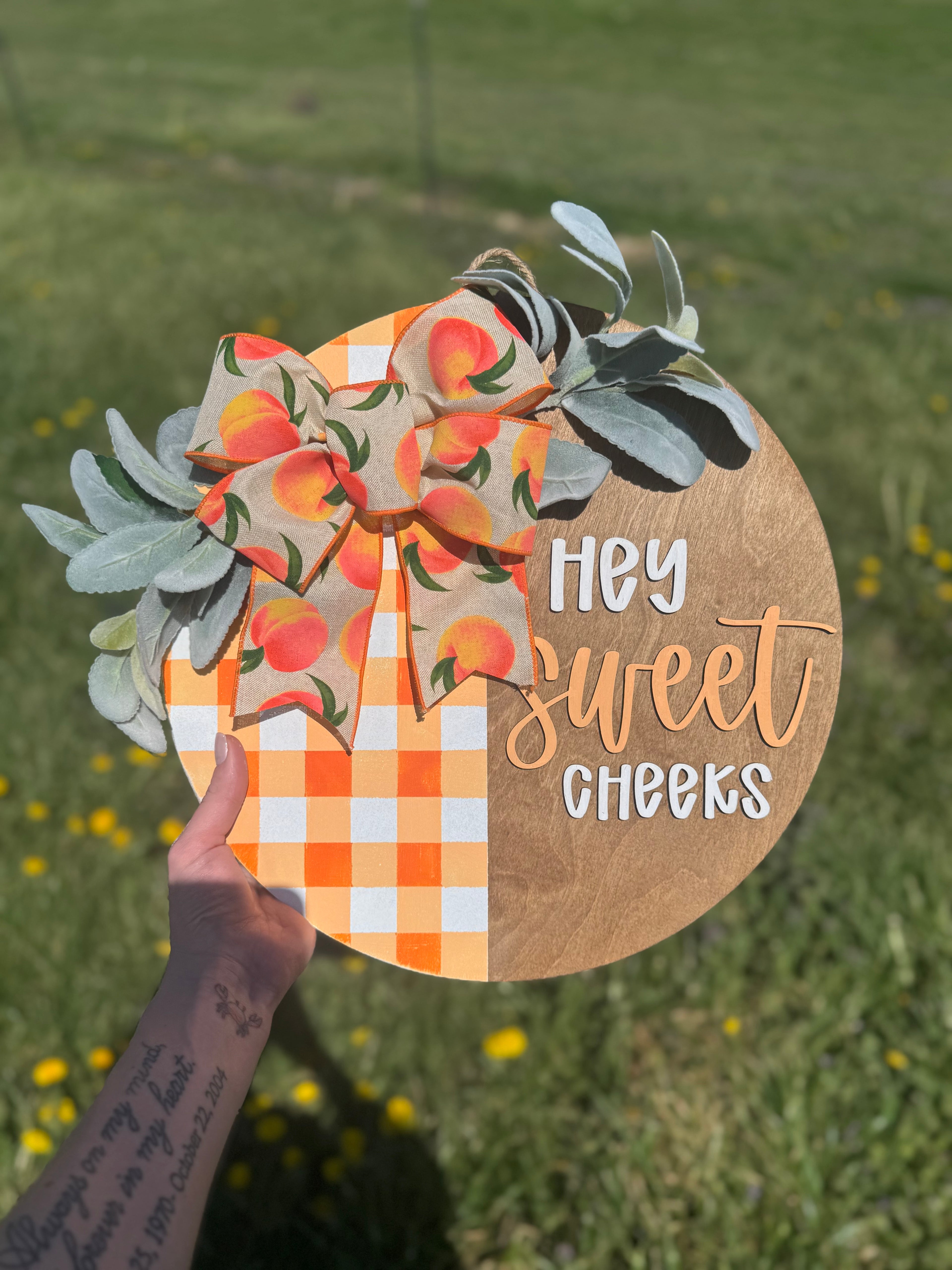 PREORDER Hey Sweet Cheeks Orange Gingham Door Hanger Sign