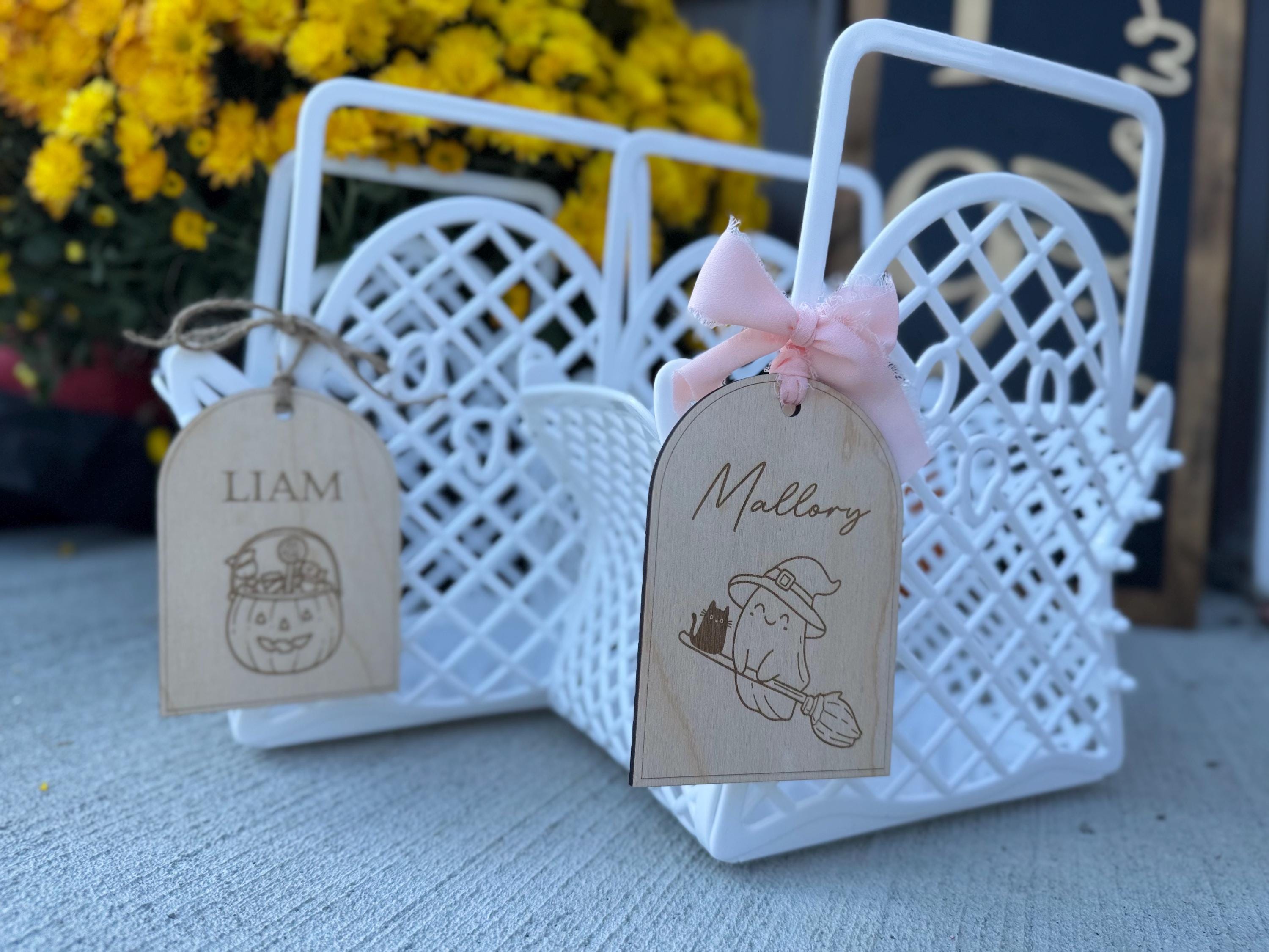 Personalized Halloween Basket Tags | Custom Wooden Name Tags for Kids | Trick or Treat Bucket Tags | Engraved Halloween Gift Tags