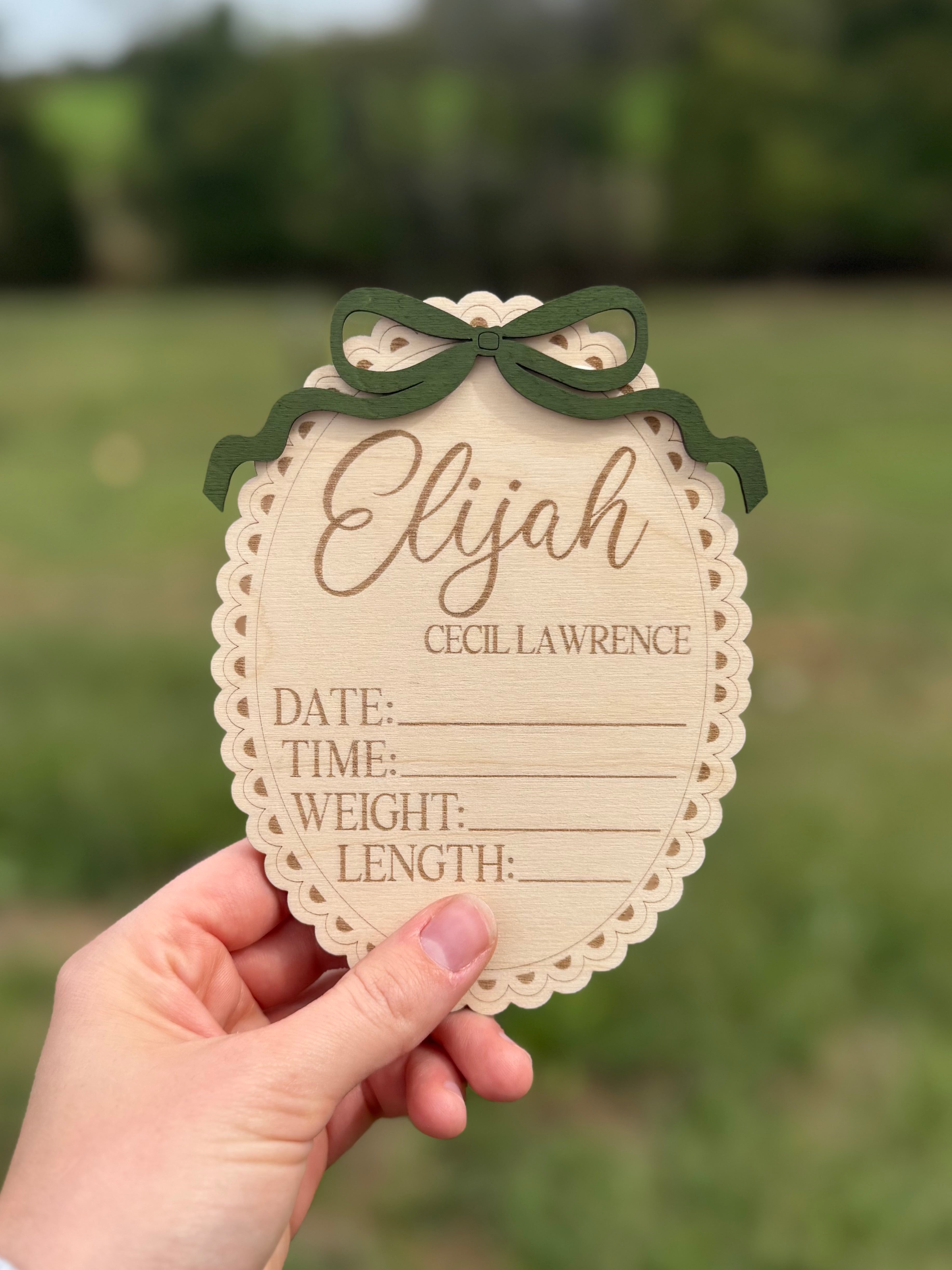 Vintage Bow Baby Name Announcement Sign | Baby Shower | Footprint | Sibling | New Baby | Sprinkle Gift | Wood Engraved | Photo Prop | Birth