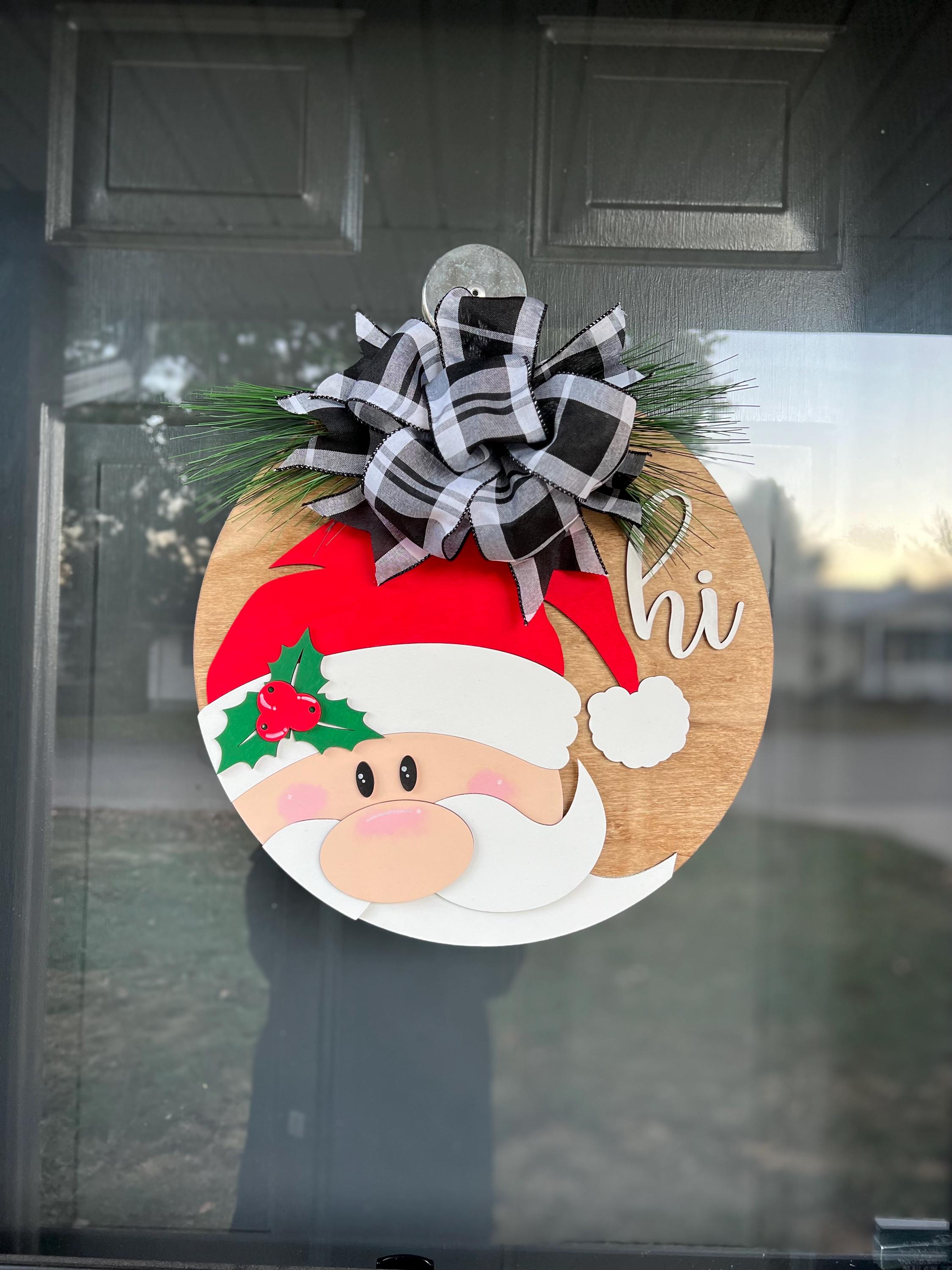 Santa Merry Christmas Door Hanger | Colorful | Snow Decor | Buffalo Plaid | Claus | December 25 | Seasonal Decorations | Winter | Porch Sign