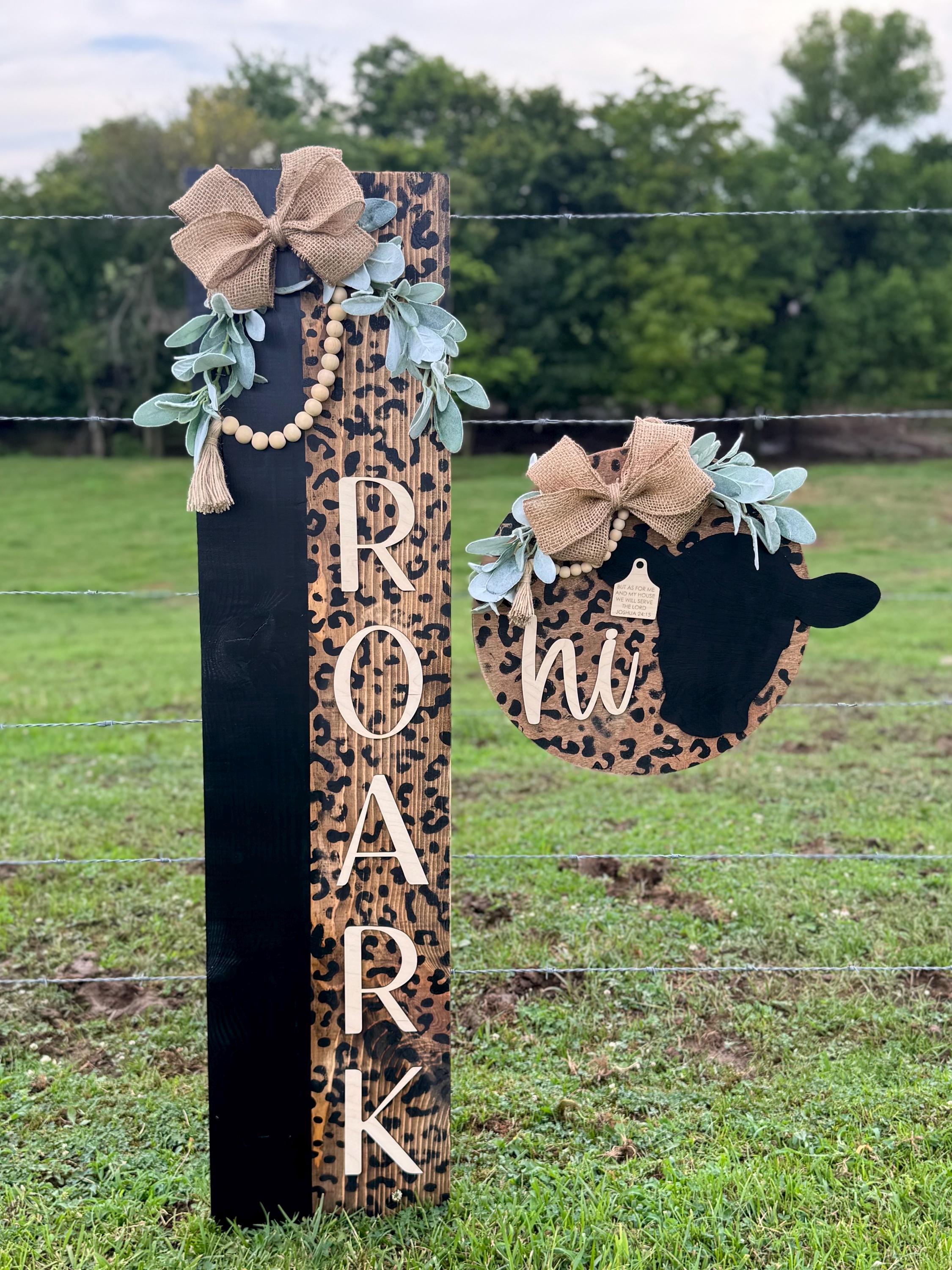 Cheetah Print Cow Porch Set | Decor | Welcome | Door Hanger | Porch Leaner | House Decorations | Custom Sign | Last Name | Closing Gift