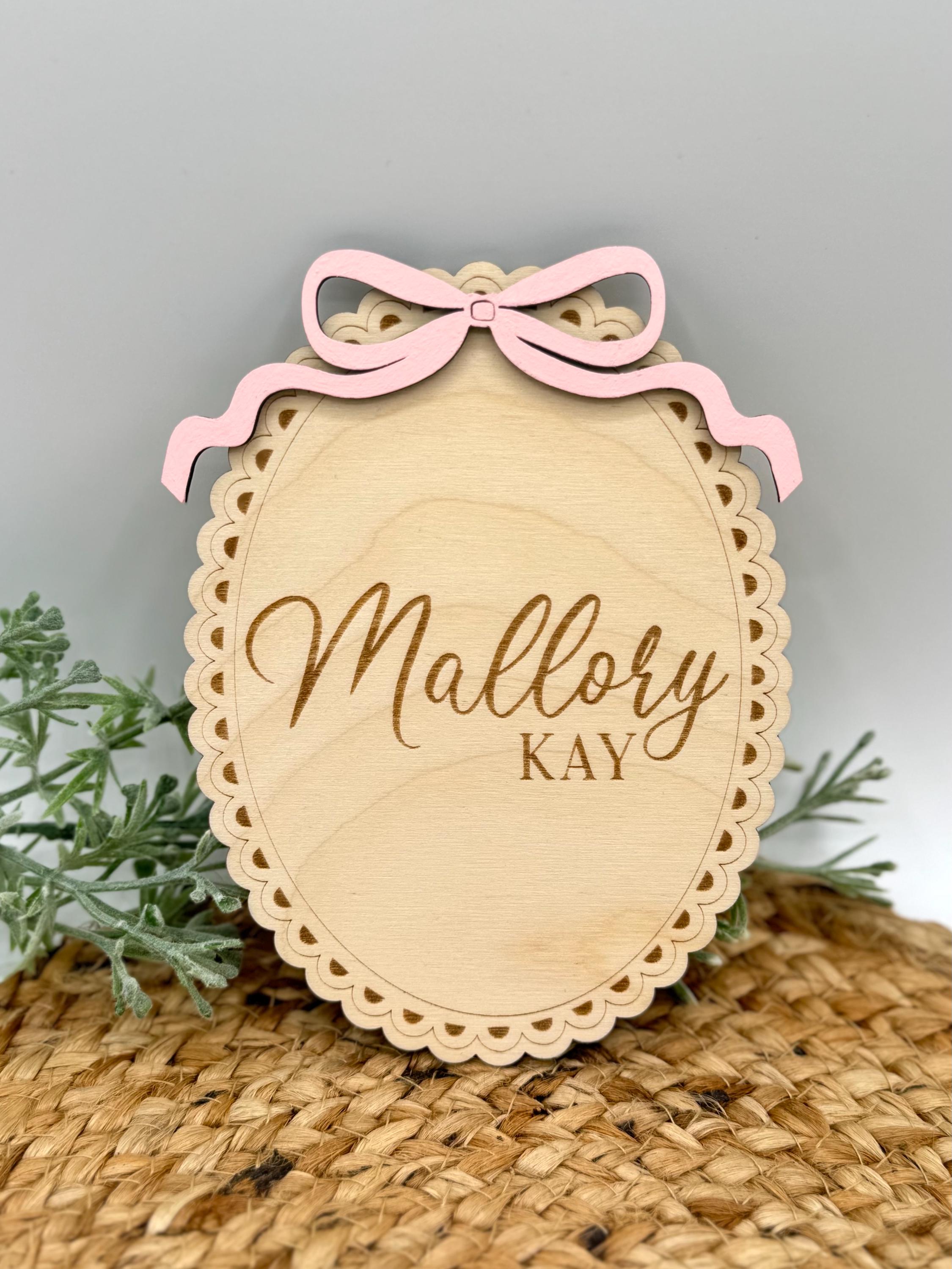 Vintage Bow Baby Name Announcement Sign | Baby Shower | Footprint | Sibling | New Baby | Sprinkle Gift | Wood Engraved | Photo Prop | Birth