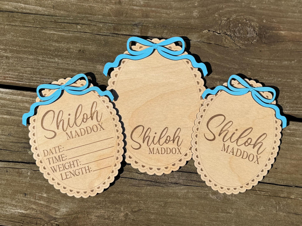 Vintage Bow Baby Name Announcement Sign | Baby Shower | Footprint | Sibling | New Baby | Sprinkle Gift | Wood Engraved | Photo Prop | Birth