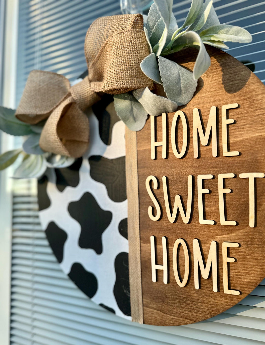 Home Sweet Home Cow Print Door Hanger | Farmhouse Sign | Welcome Decoration | Porch Sign | Burlap Ribbon | Greenery | New Home Gift |Wedding