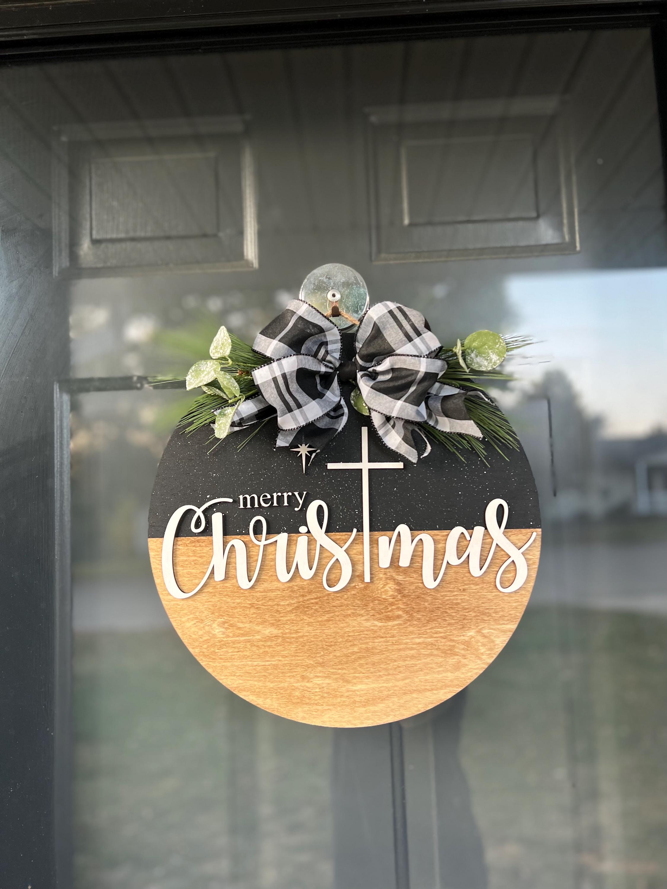 Merry Christmas Door Hanger | Black & White | Snow Decor | Buffalo Plaid | Religious | Christ | December 25 | Seasonal Decorations | Winter
