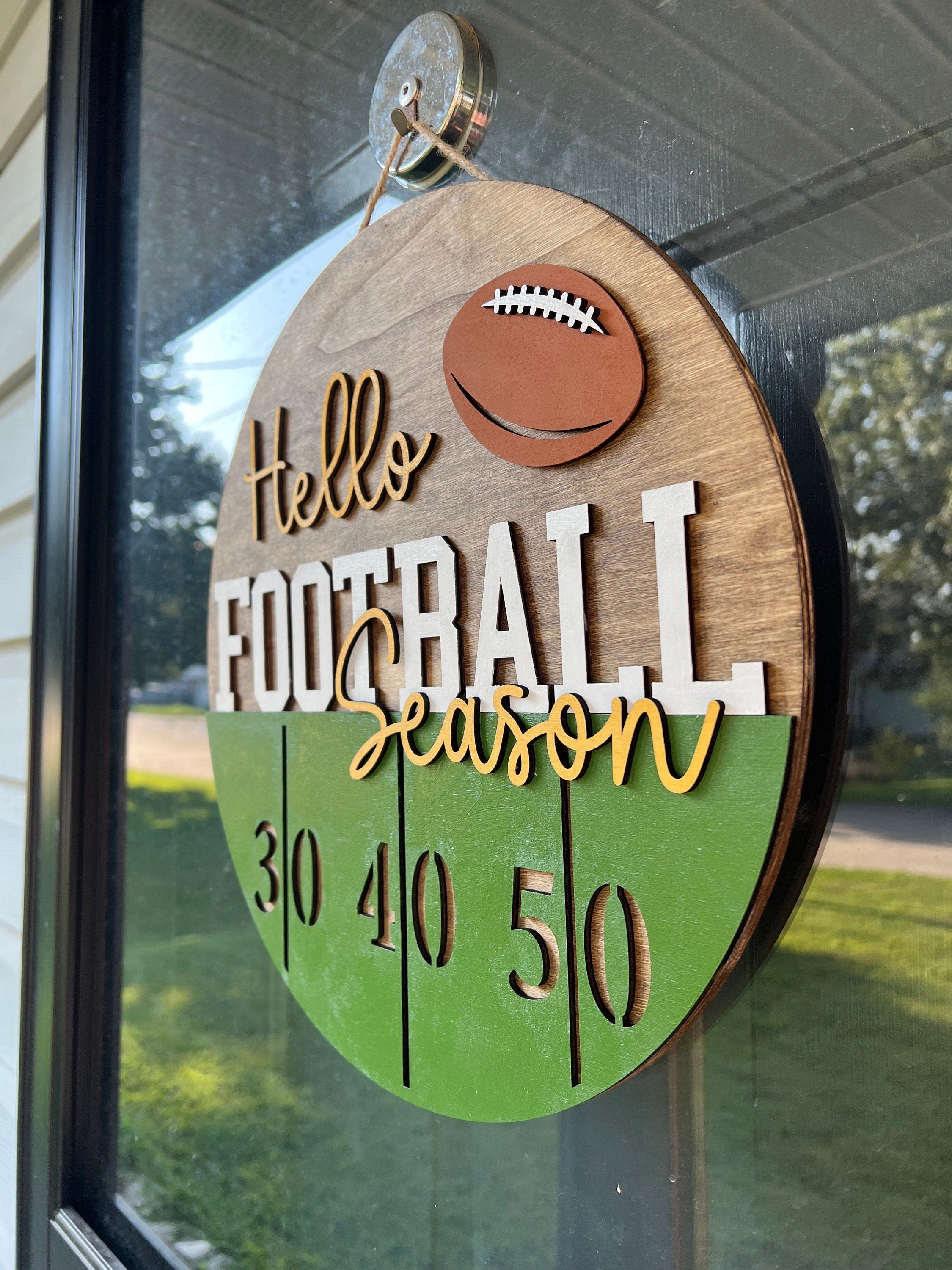 Hello Football Season Door Hanger | Wood Wreath | Field | Ball | Team | Game Day | Sign | Round | New Home Gift | Fan Gift | Football Sunday