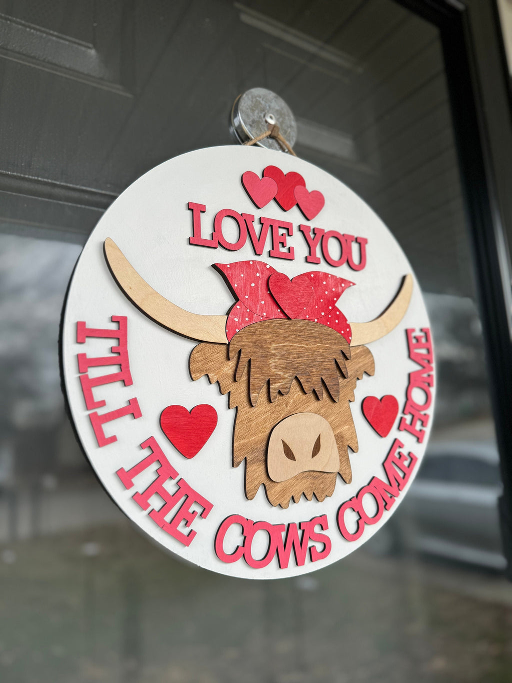 I’ll Love you Till The Cows Come Home Door Hanger | Wood Wreath | Round Sign | Highland Cows | Cattle | Valentine’s Day Decor | Vday | Heart