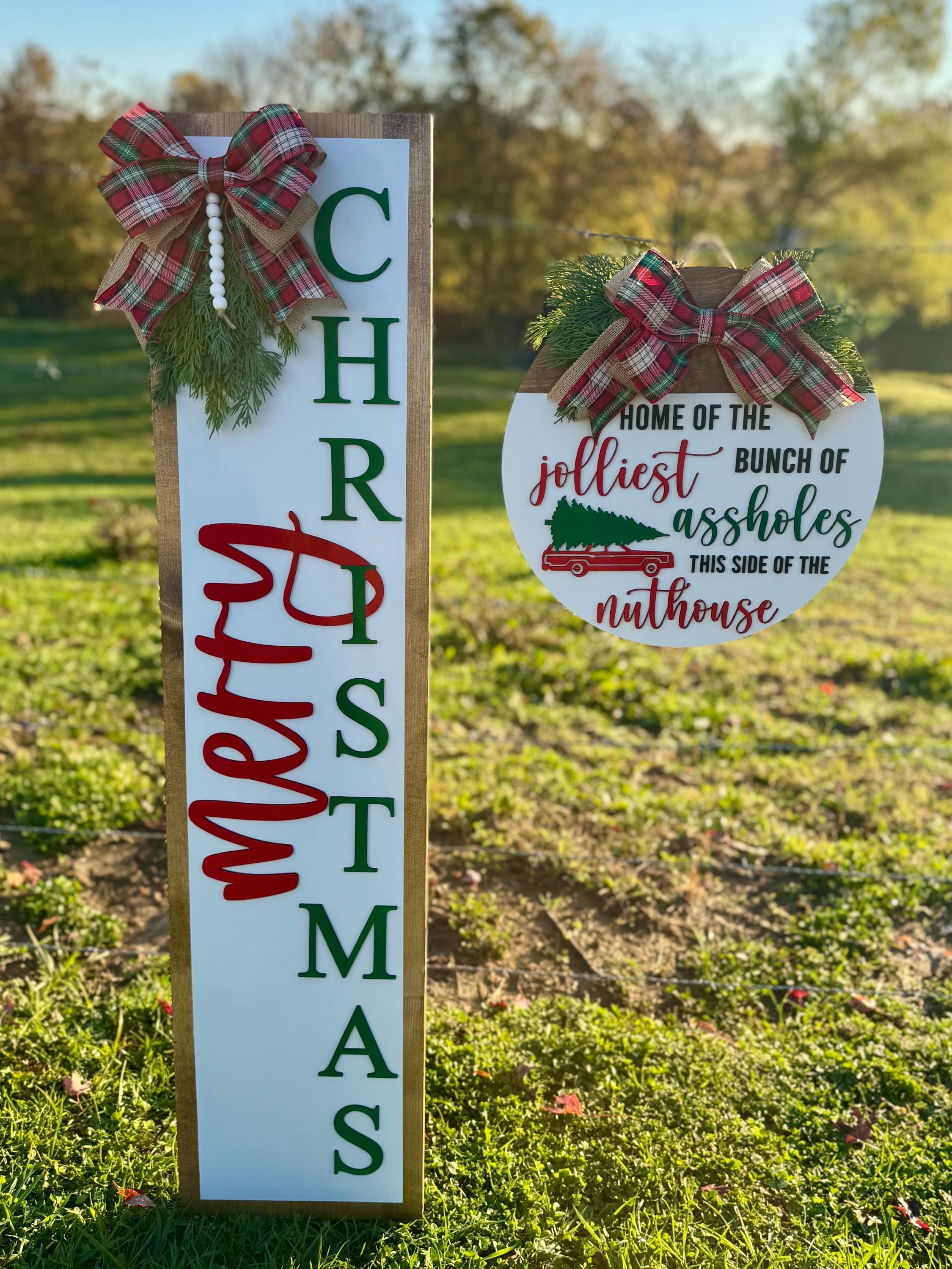 Merry Christmas Porch Set | Decor | Tree | Door Hanger | Porch Leaner | Winter Decorations | Plaid | Custom Sign | Red & Green | Welcome