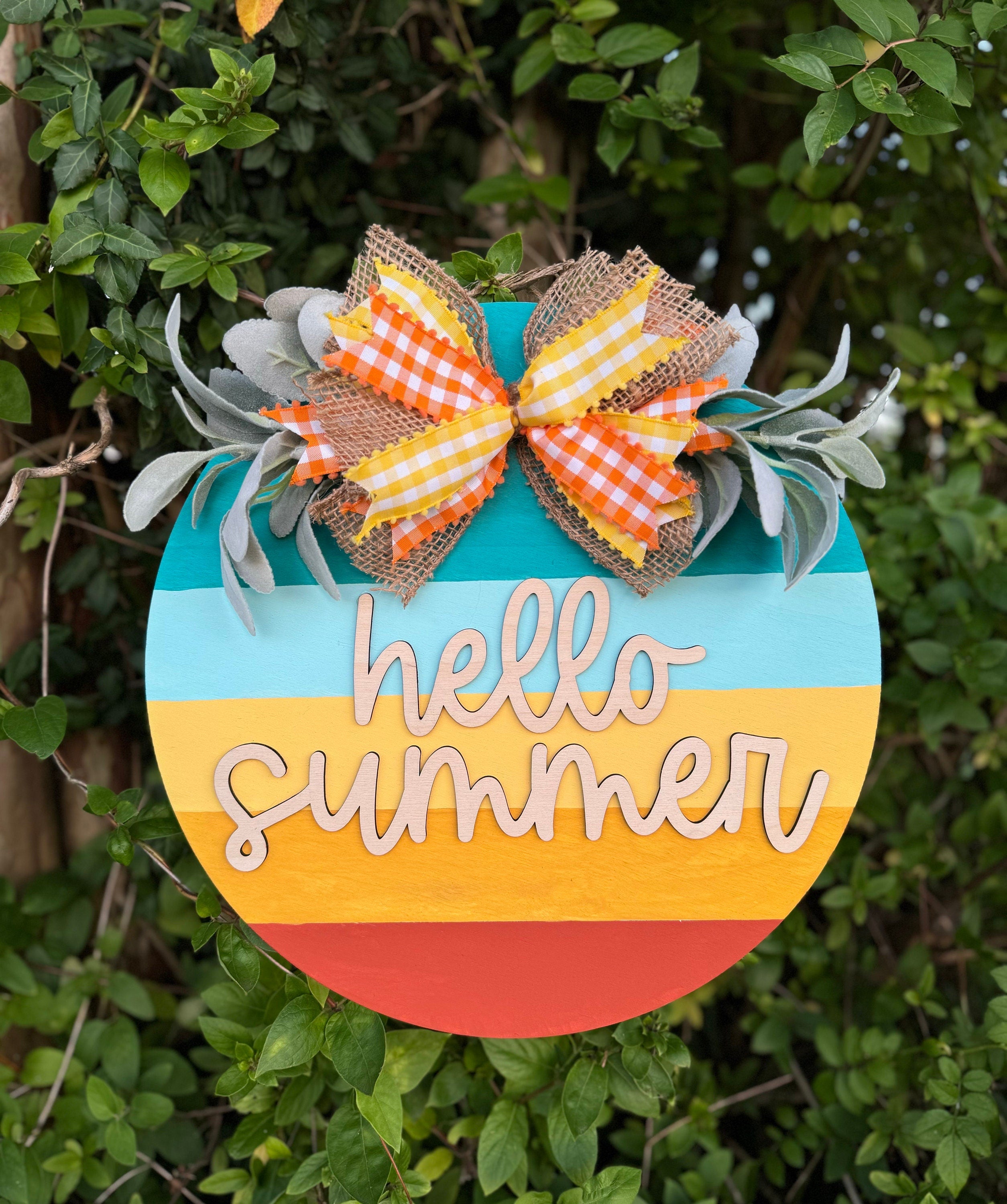 Hello Summer Door Hanger | Sunset | Welcome Sign | Wreath | Summer Decoration | Seasons | Cute Decor | Flowers | Big Bow | Porch Accessories