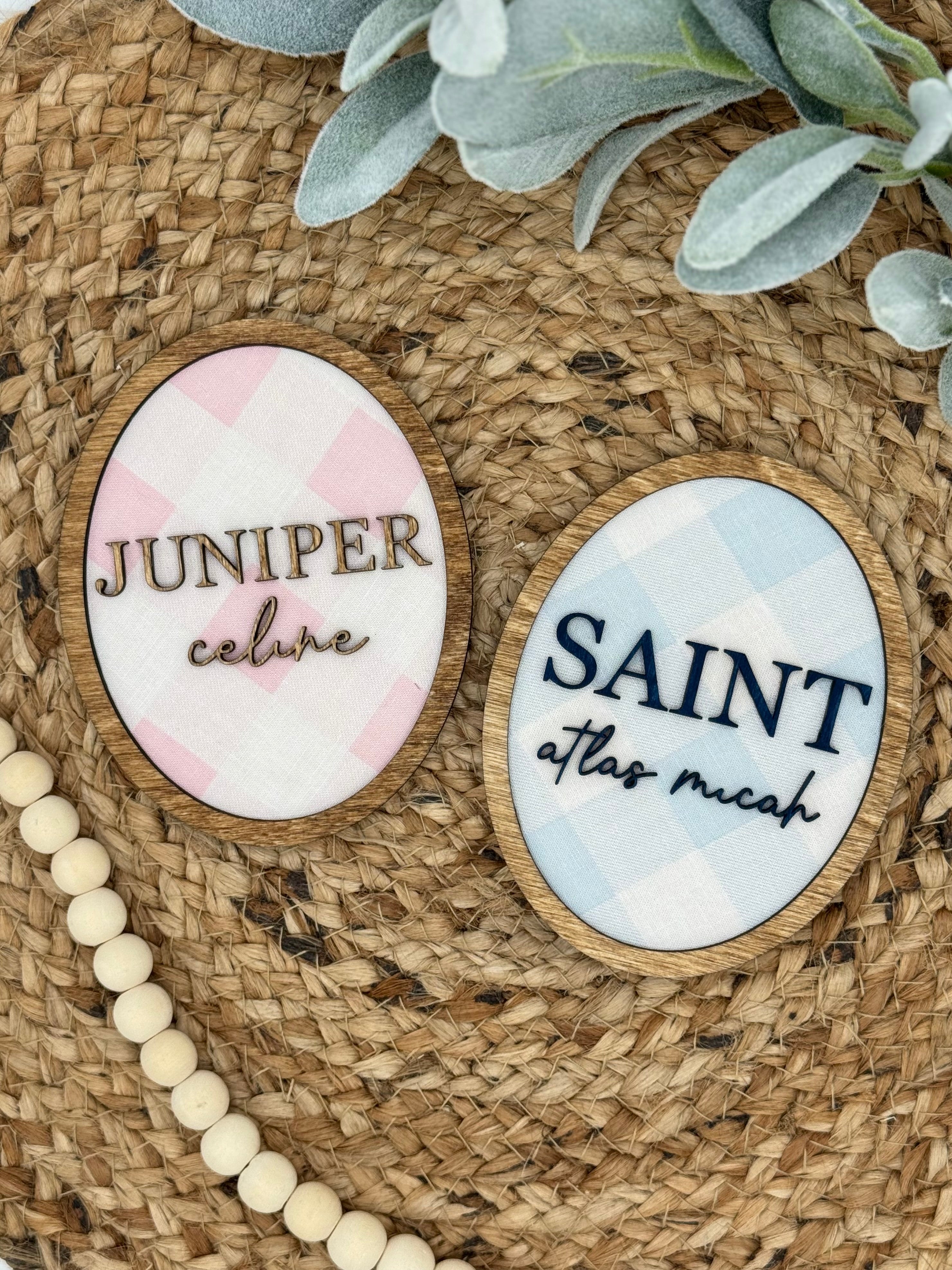 Gingham Baby Name Announcement Plaque