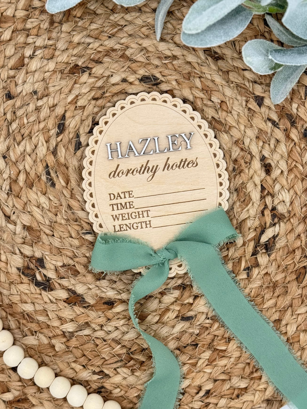 Scalloped Vintage Ribbon Bow Baby Name Announcement Plaque