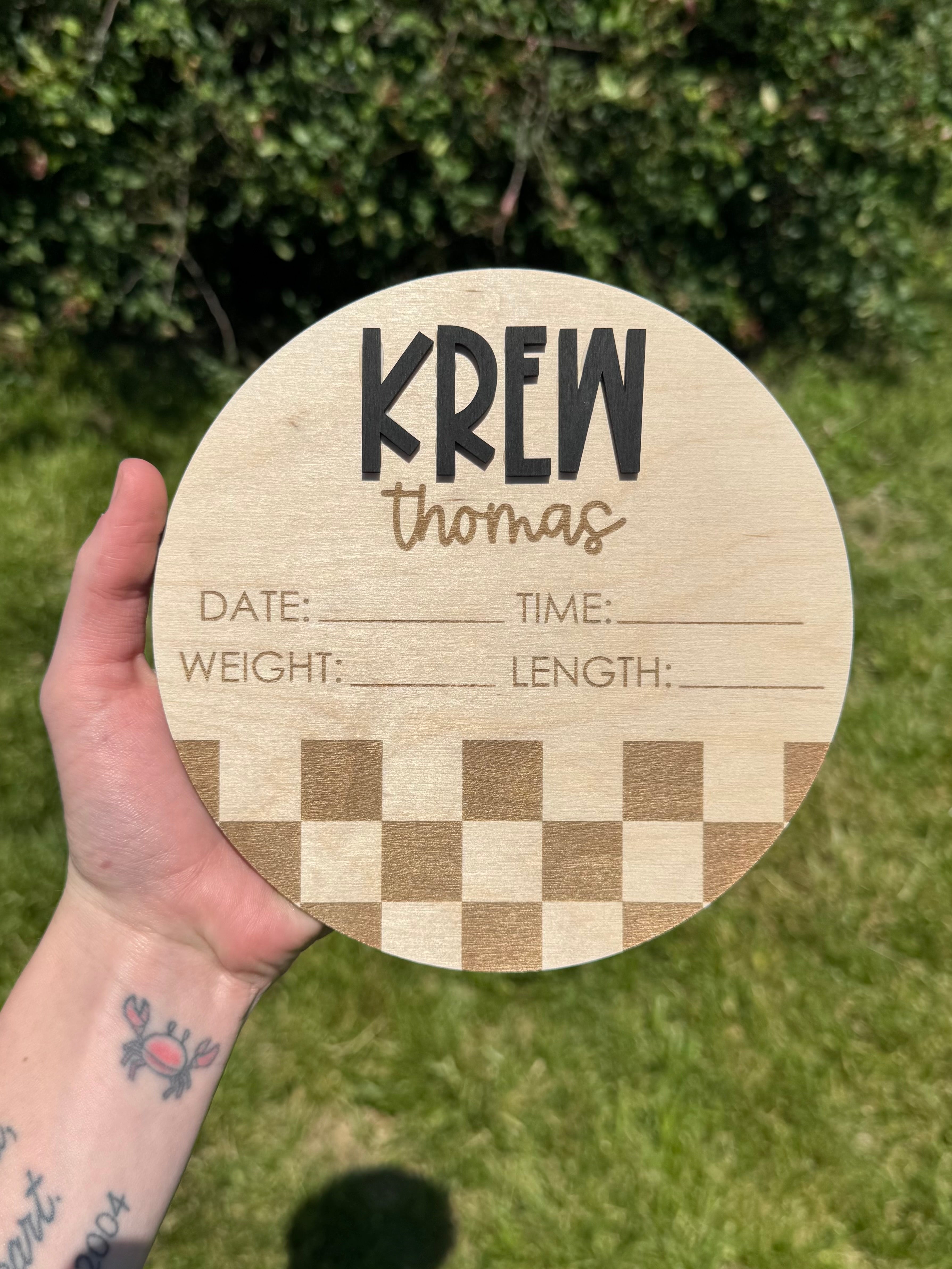 Checkered Circle Custom Birth Announcement Plaque