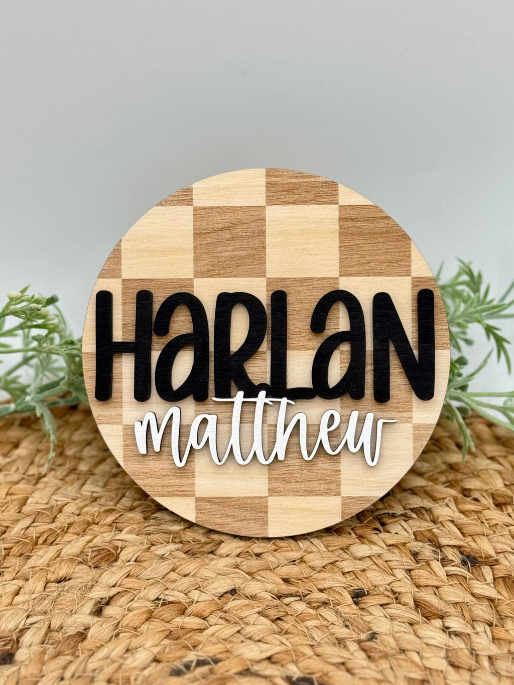 Checkered Circle Custom Birth Announcement Plaque