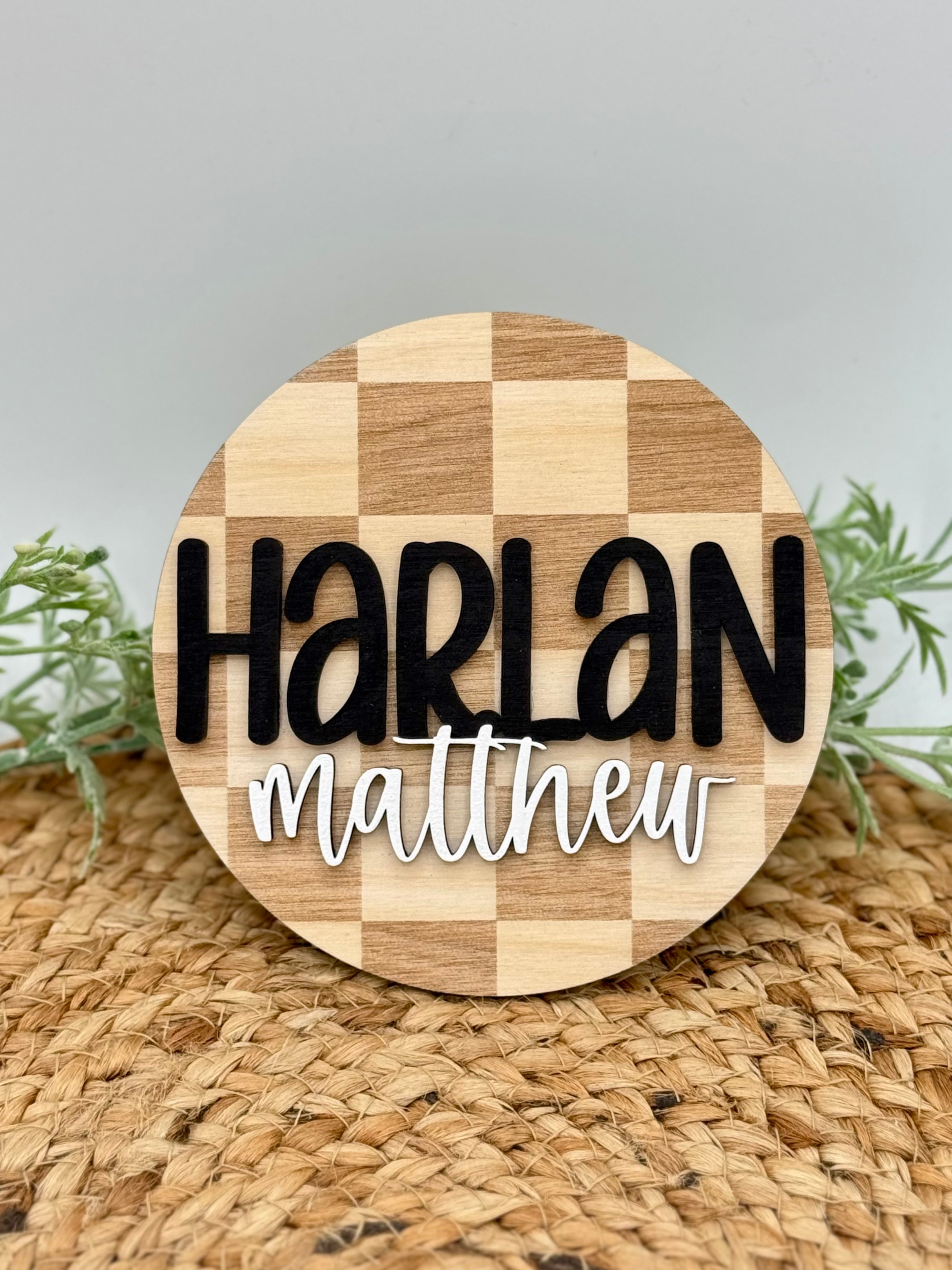 Checkered Circle Custom Birth Announcement Plaque