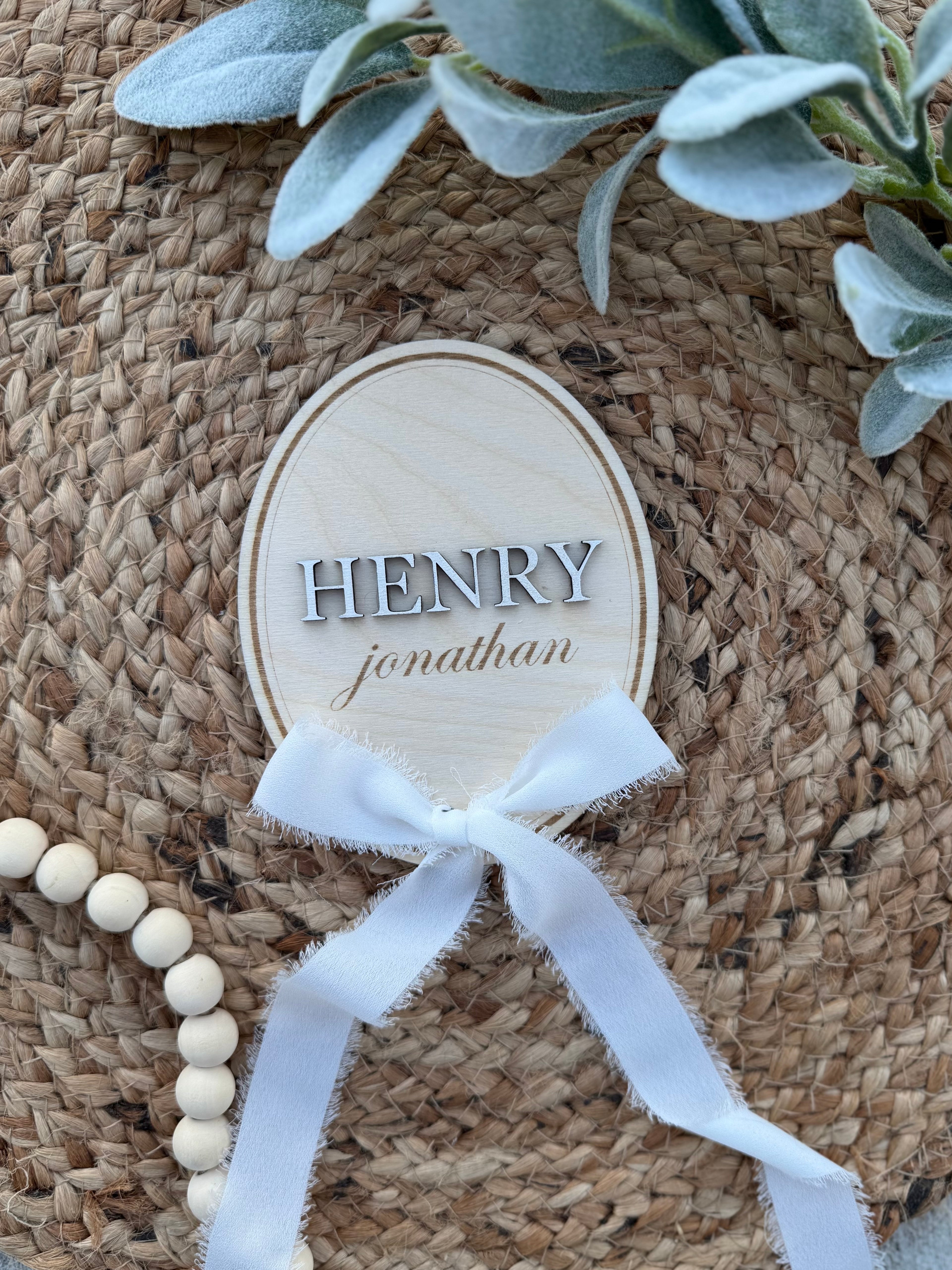 Oval Vintage Ribbon Bow Baby Name Announcement Plaque