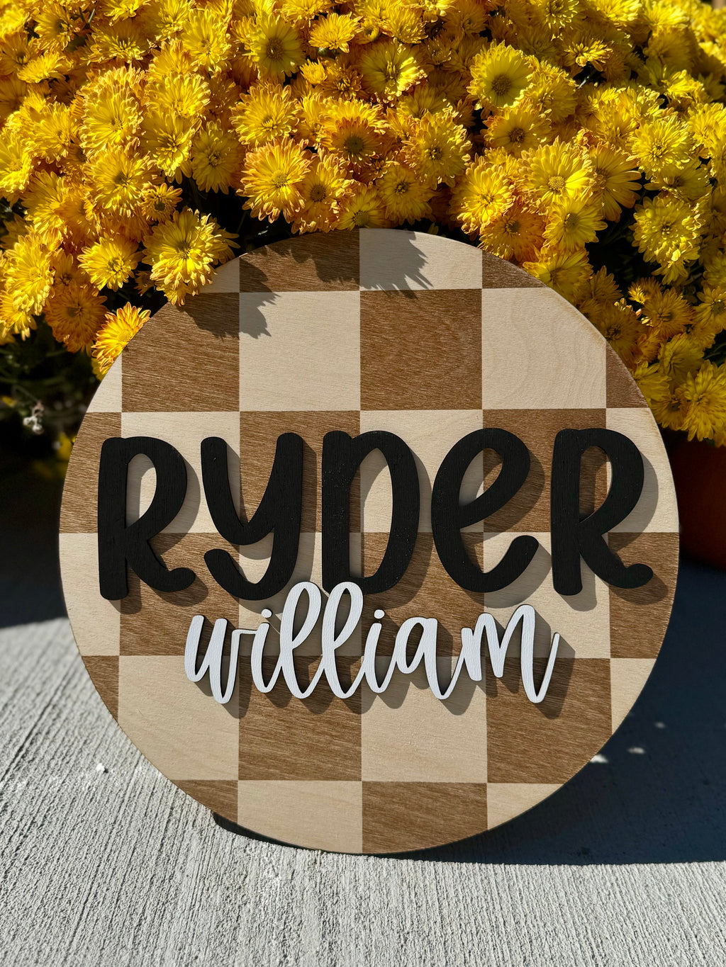Checkered Circle Custom Birth Announcement Plaque