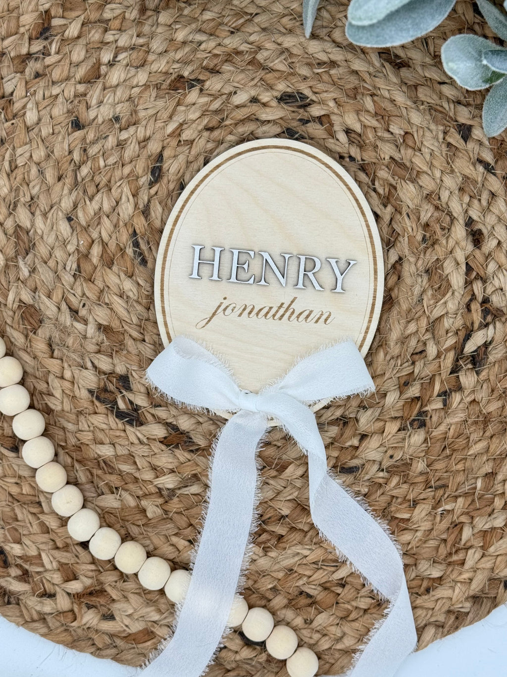 Oval Vintage Ribbon Bow Baby Name Announcement Plaque
