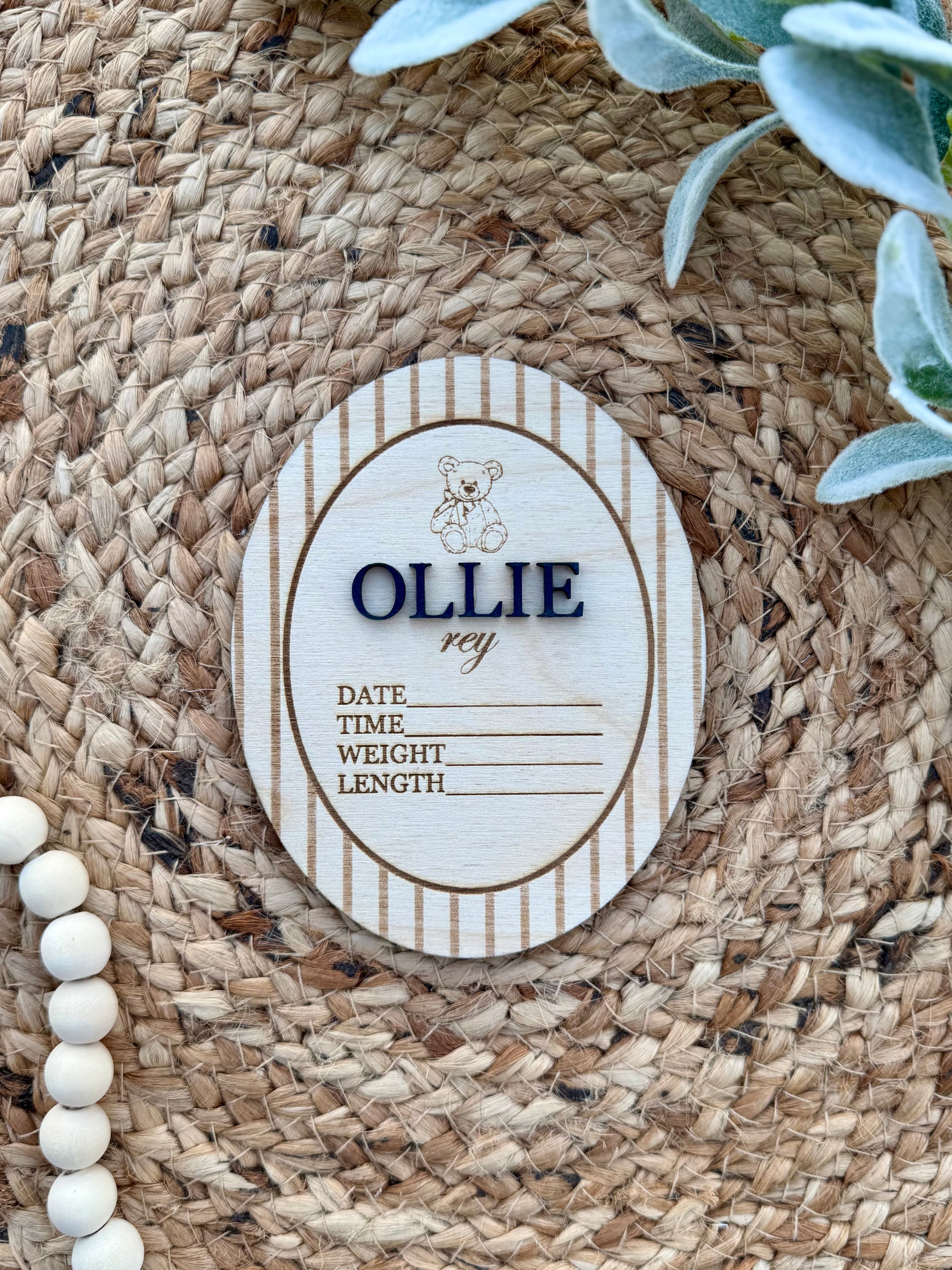 Bear Striped Baby Name Announcement Plaque