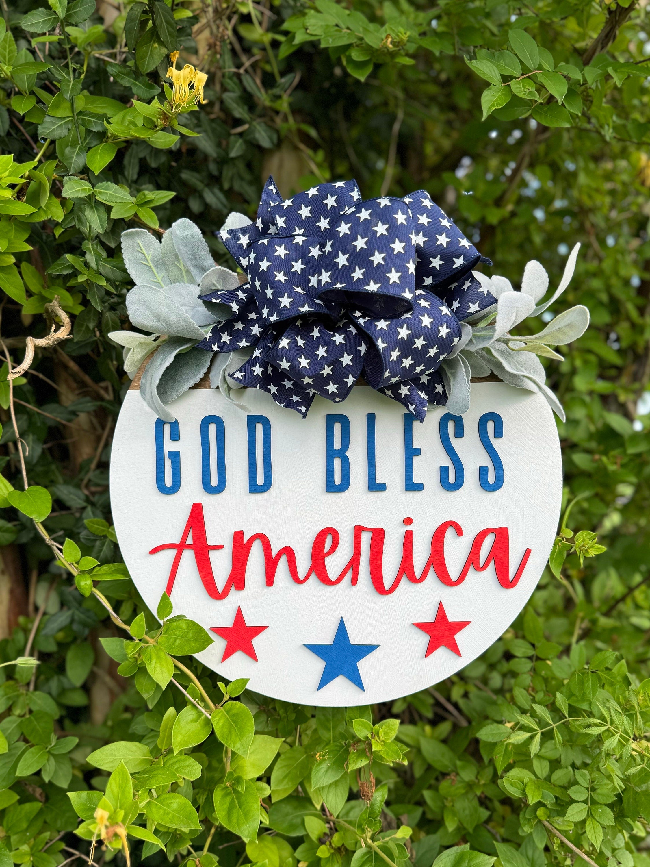 God Bless America Door Hanger | Red White and Blue | Welcome Sign | Wreath | Summer Decoration | Flag | Independence | 4th of July | Big Bow