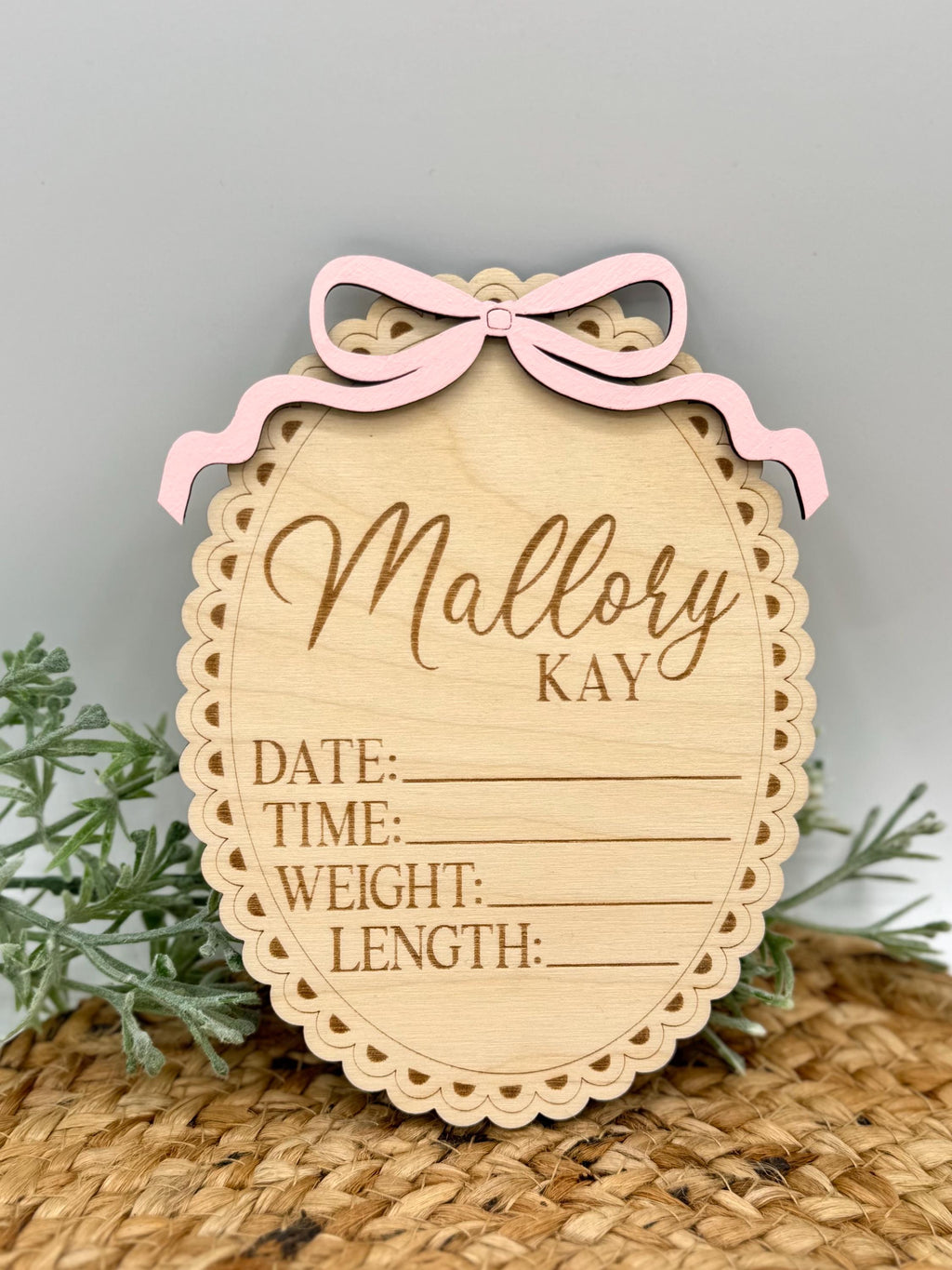 Vintage Bow Baby Name Announcement Sign | Baby Shower | Footprint | Sibling | New Baby | Sprinkle Gift | Wood Engraved | Photo Prop | Birth