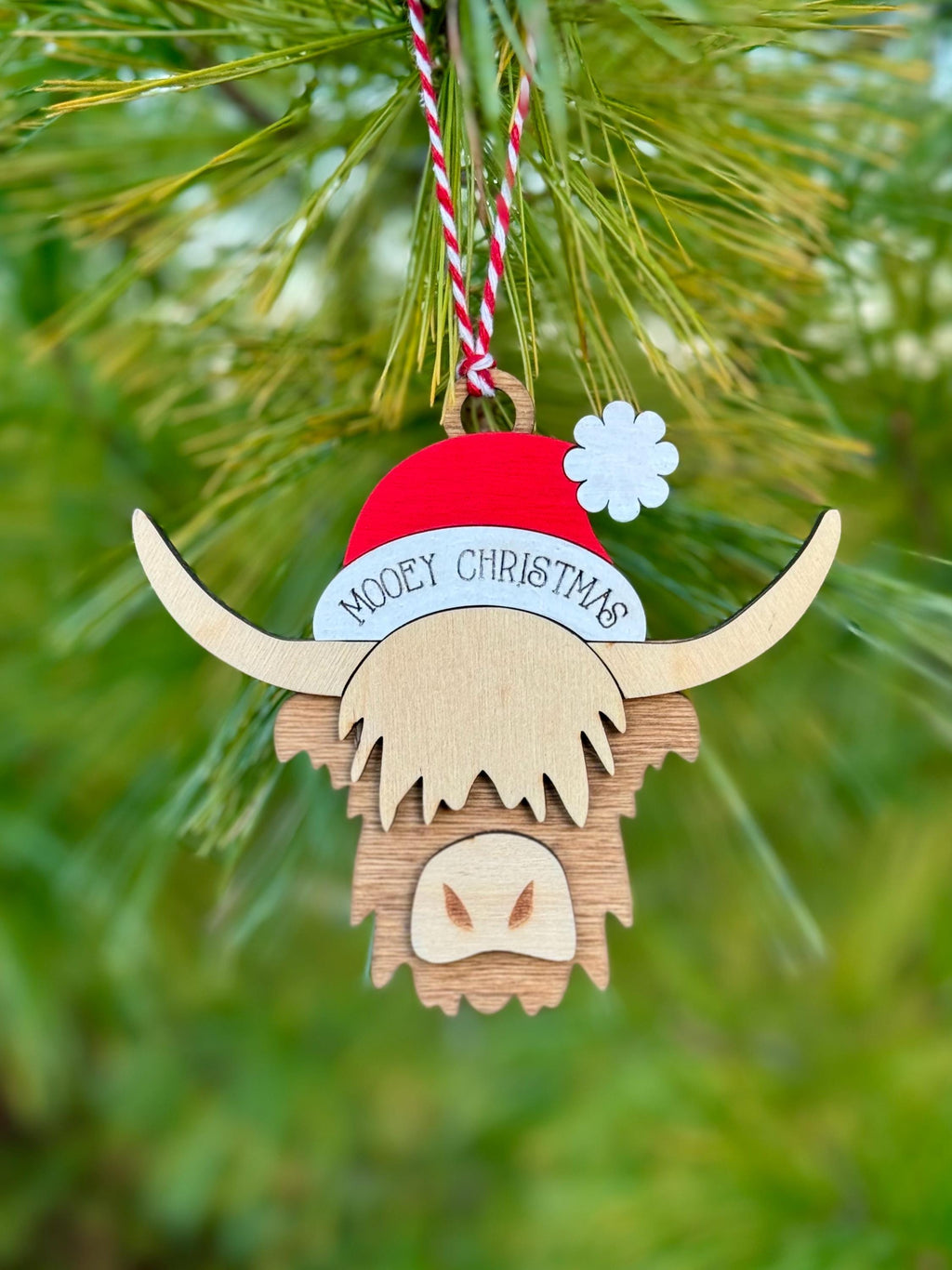 Mooey Christmas Ornament | Highland Cow Home Decor | Funny Christmas | Personalized Tree Decor | Cute Wood Ornament | Santa Hat | Fluffy Cow