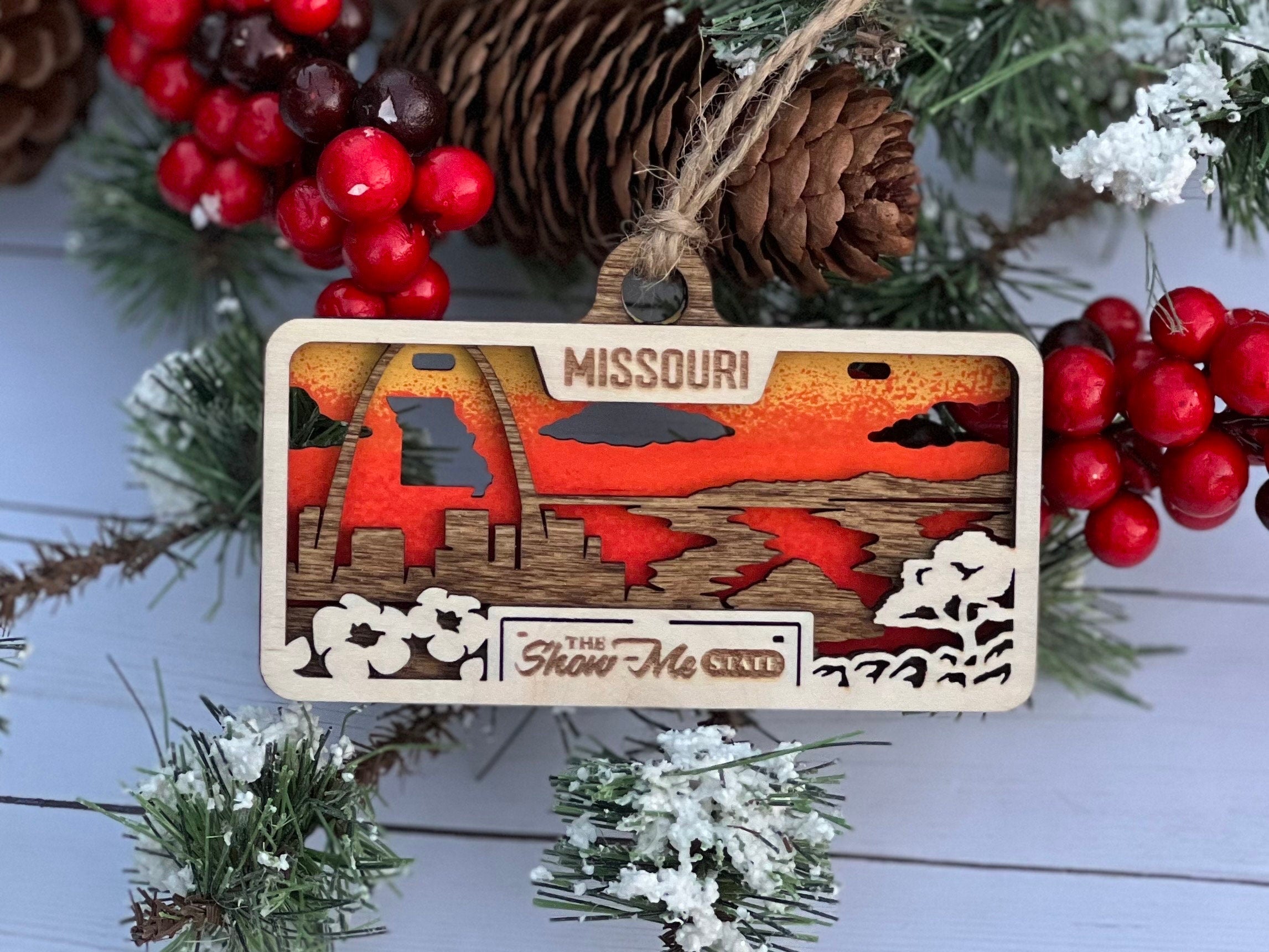 Missouri Ornament | Farmhouse | License Plate | State Gift | Wood | Personalized Tree Decor | Holiday Gift | Christmas Present | MO | Arch