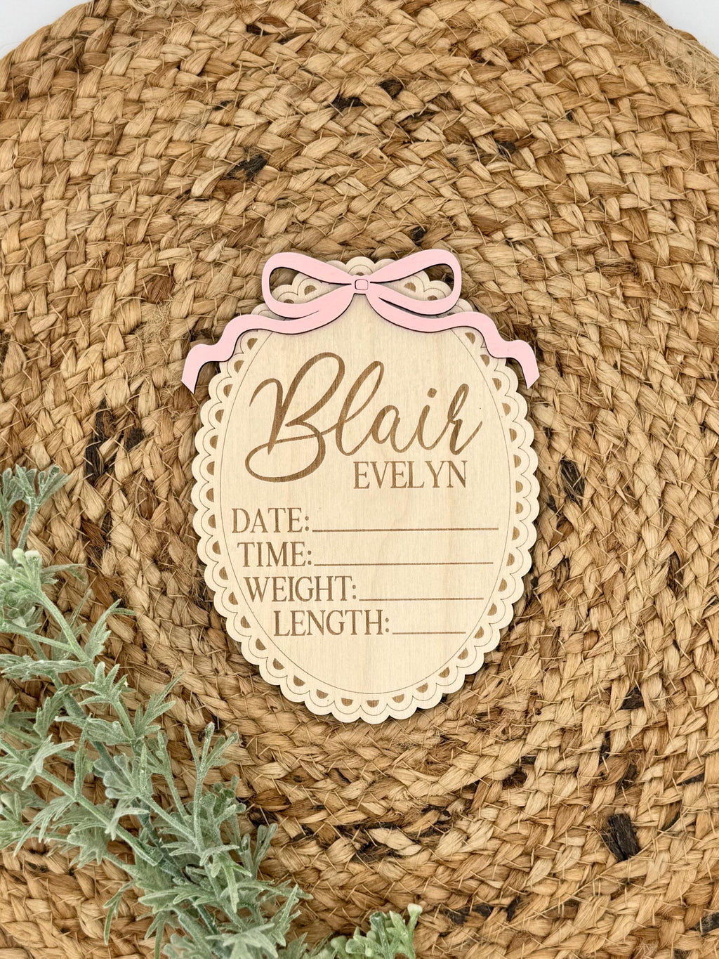 Vintage Bow Baby Name Announcement Sign | Baby Shower | Footprint | Sibling | New Baby | Sprinkle Gift | Wood Engraved | Photo Prop | Birth