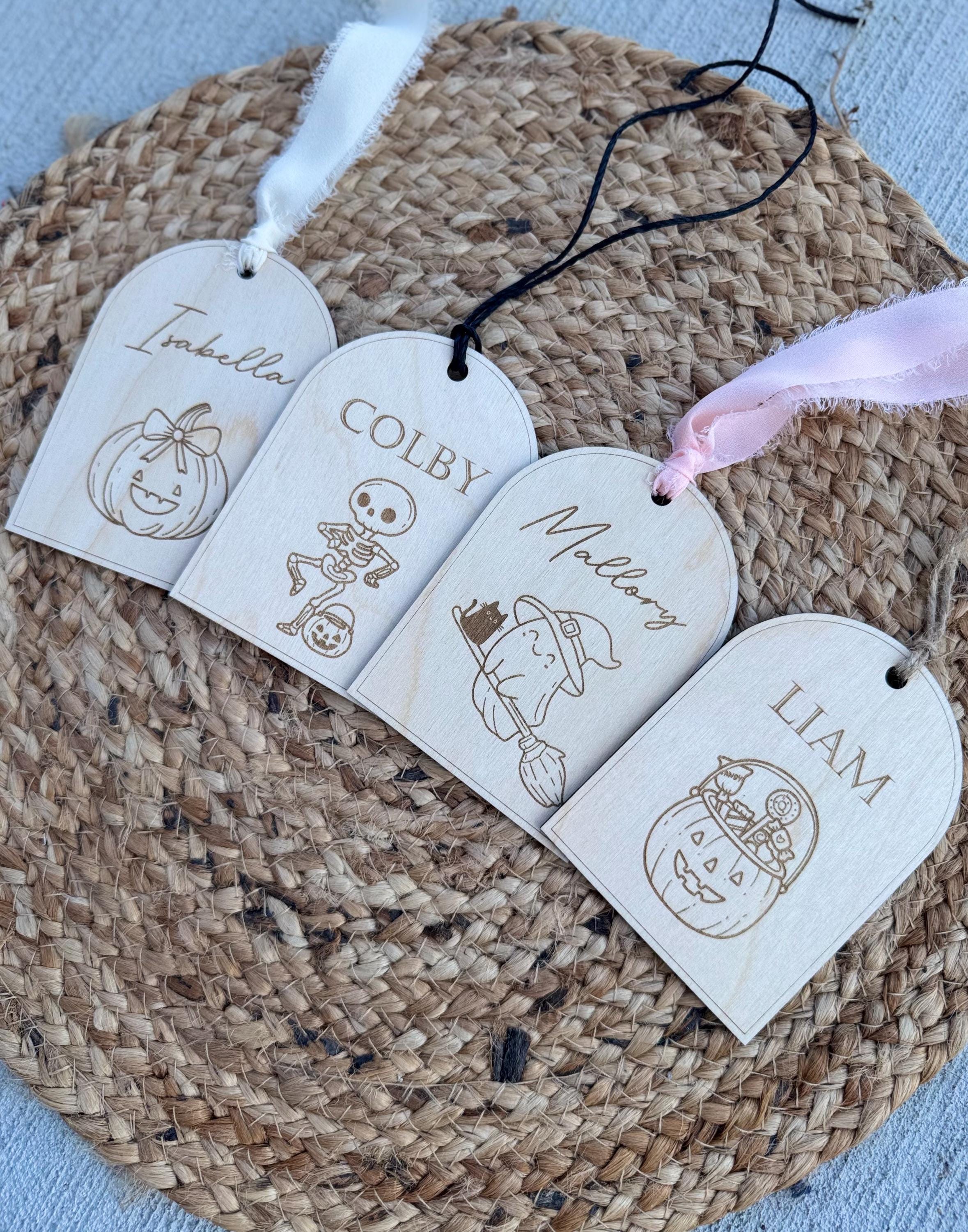 Personalized Halloween Basket Tags | Custom Wooden Name Tags for Kids | Trick or Treat Bucket Tags | Engraved Halloween Gift Tags