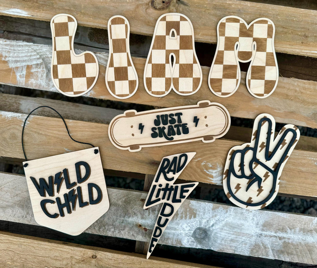 Checkered Wood Letters | Rad Little Dude Decor | Groovy Room Signs | Toddler Decorations | Big Kid Room | Trendy Kids | Peace | Lightning