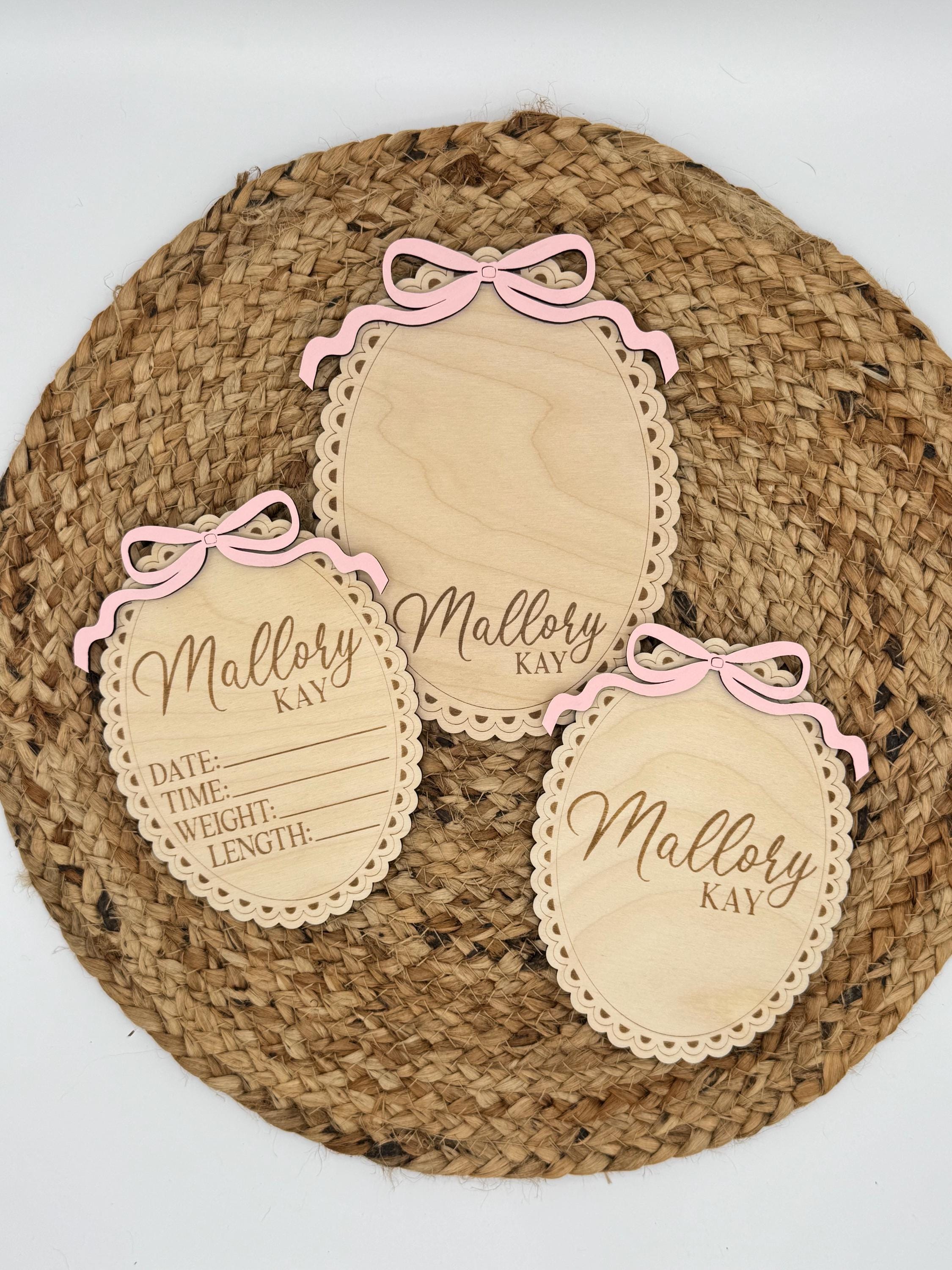 Vintage Bow Baby Name Announcement Sign | Baby Shower | Footprint | Sibling | New Baby | Sprinkle Gift | Wood Engraved | Photo Prop | Birth