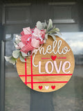 Hello Love Door Hanger | Wood Wreath | Round Sign | Bow | Greenery | Home| Valentine’s Day Decor | Vday | Heart | Sweetheart | Cute Gift