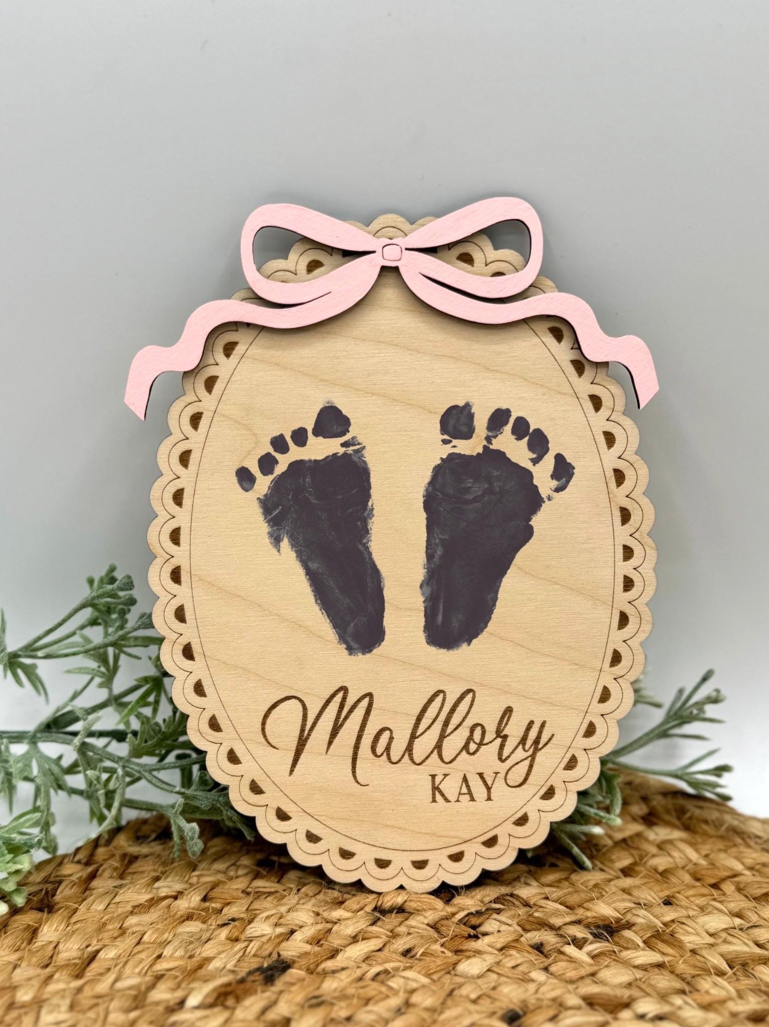 Vintage Bow Baby Name Announcement Sign | Baby Shower | Footprint | Sibling | New Baby | Sprinkle Gift | Wood Engraved | Photo Prop | Birth