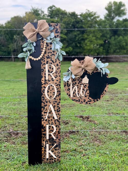 Cheetah Print Cow Porch Set | Decor | Welcome | Door Hanger | Porch Leaner | House Decorations | Custom Sign | Last Name | Closing Gift