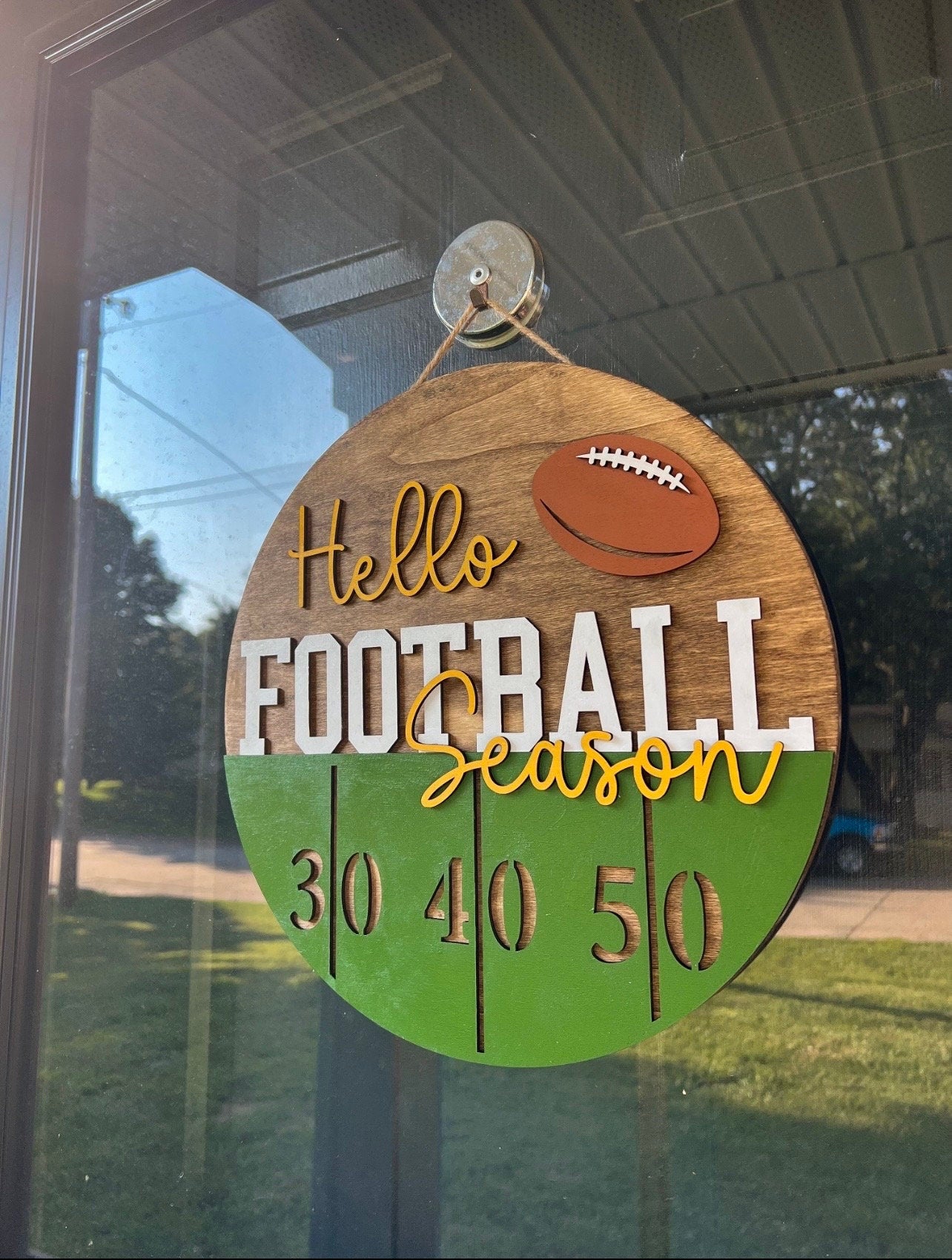 Hello Football Season Door Hanger | Wood Wreath | Field | Ball | Team | Game Day | Sign | Round | New Home Gift | Fan Gift | Football Sunday
