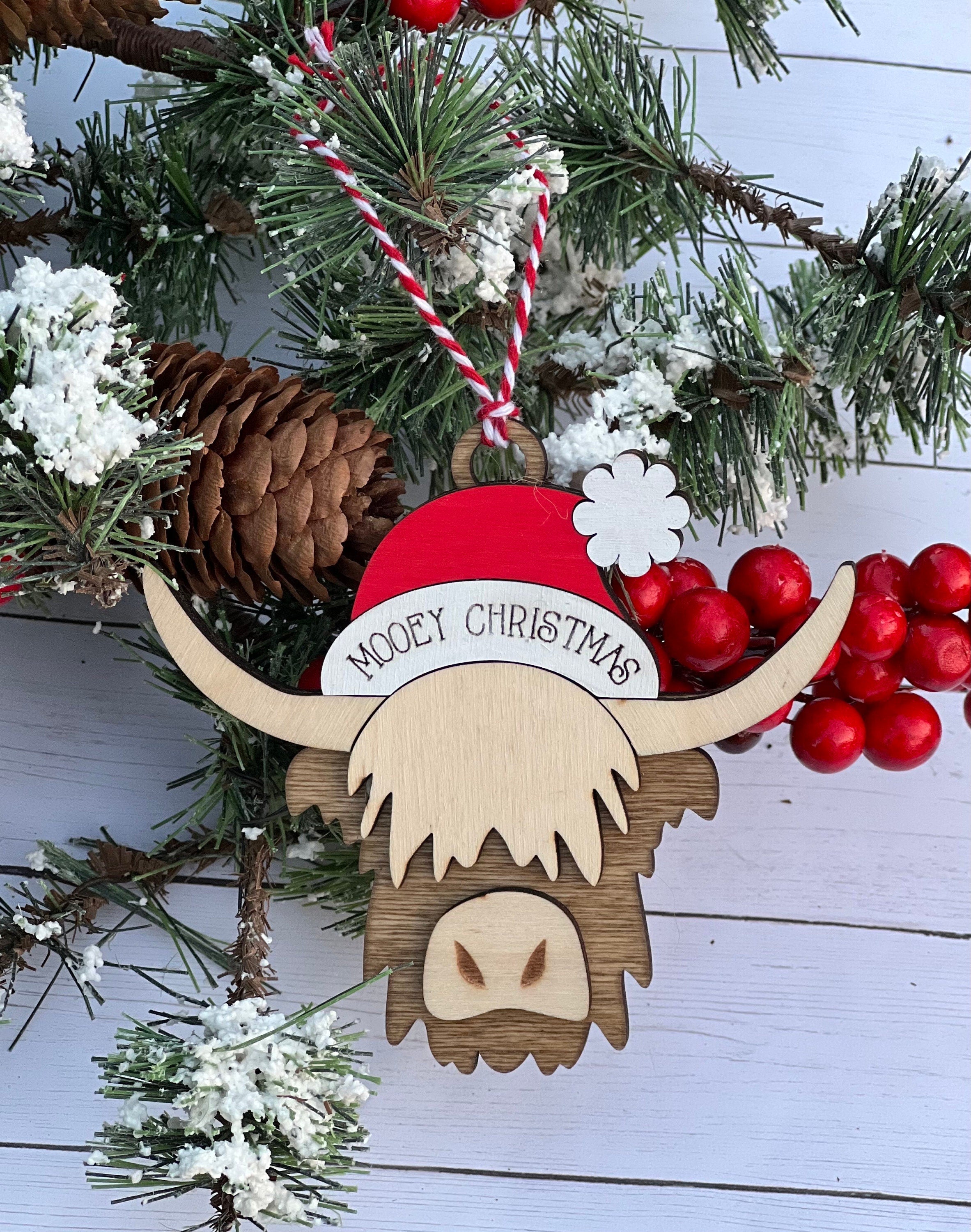 Mooey Christmas Ornament | Highland Cow Home Decor | Funny Christmas | Personalized Tree Decor | Cute Wood Ornament | Santa Hat | Fluffy Cow